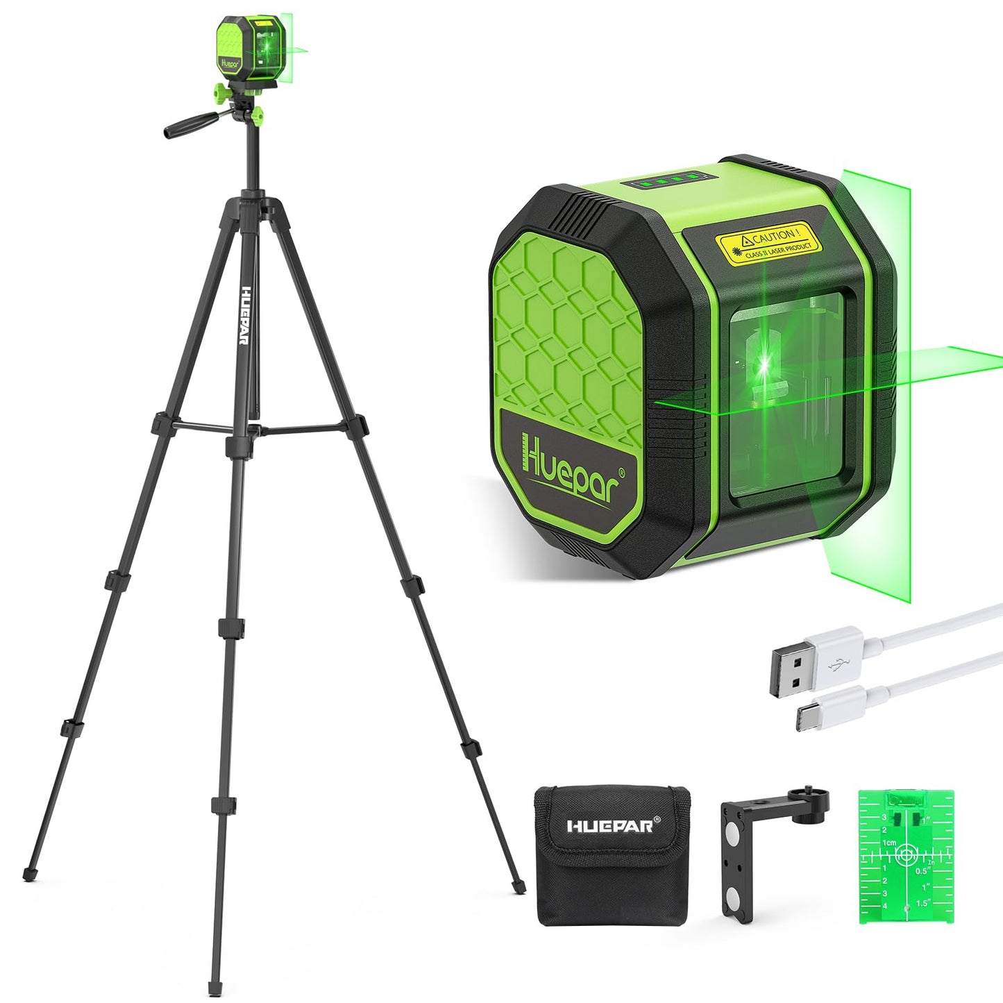 Laser Level with 60 Inch Tripod, Huepar 100Ft Self Leveling Laser Level Rechargeable Green Cross Line Lazer Leveler Tool for Picture Hanging, Tile, Home Renovation, 360° Magnetic Bracket &Target Plate - Medaid International