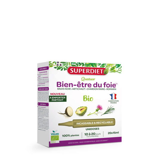 SUPERDIET-QUATUOR DIGESTION BIO-Bien-être du foie-Radis Noir Artichaut Chardon Marie Romarin-Format nomade- 20 Unidoses de 15 ml - Medaid International