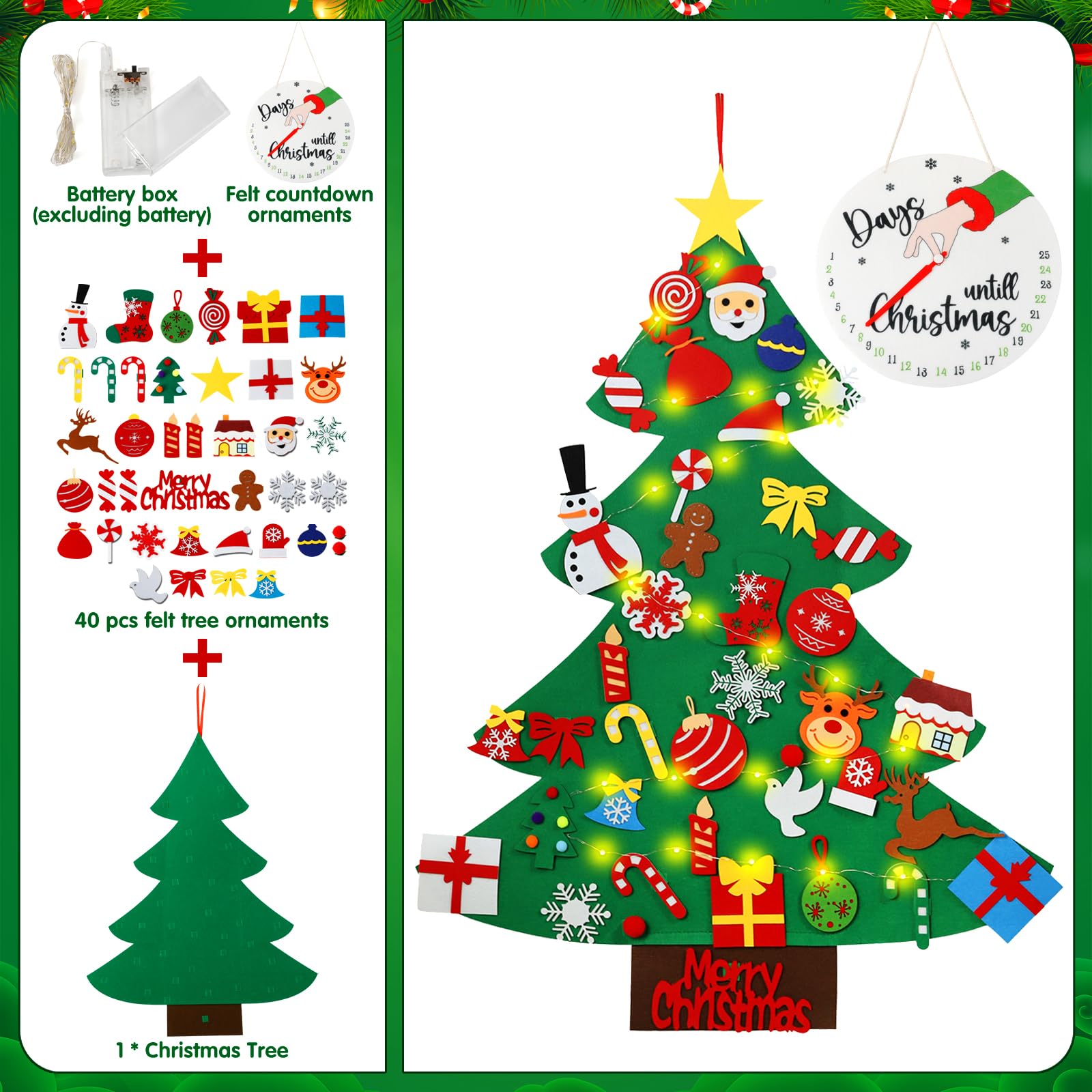 DIY Felt Christmas Tree for Kids, 2025 Advent Calendar Countdown with Accessories Xmas Tree Detachable Wall Hanging Ornaments and String for Xmas Decorations Gifts for Toddlers - Medaid International