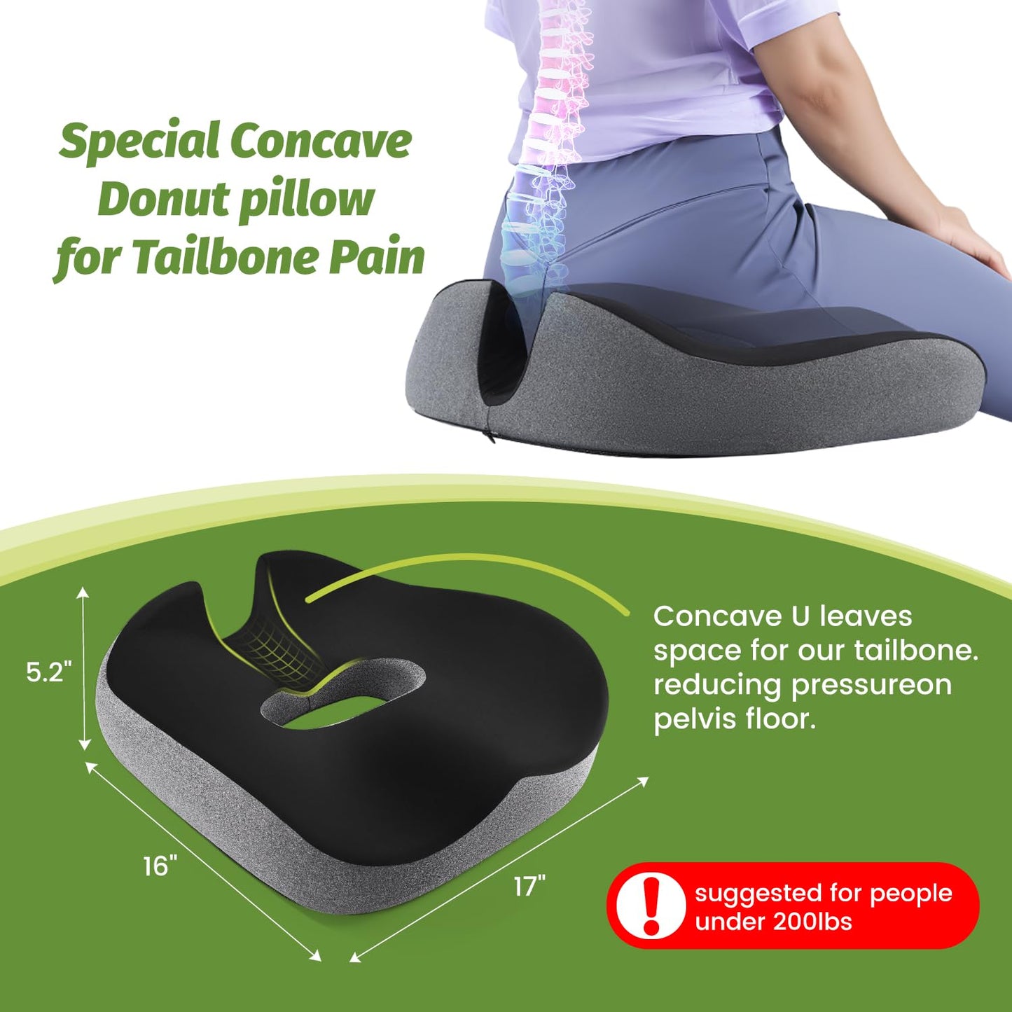anzhixiu Concave U Surface Donut Pillow for Tailbone Pain Cradle Tailbone Reducing Pressure on Pelvis- Hemorrhoid Pillow for Office, Car, Home Seat- Black/Gray - Medaid International