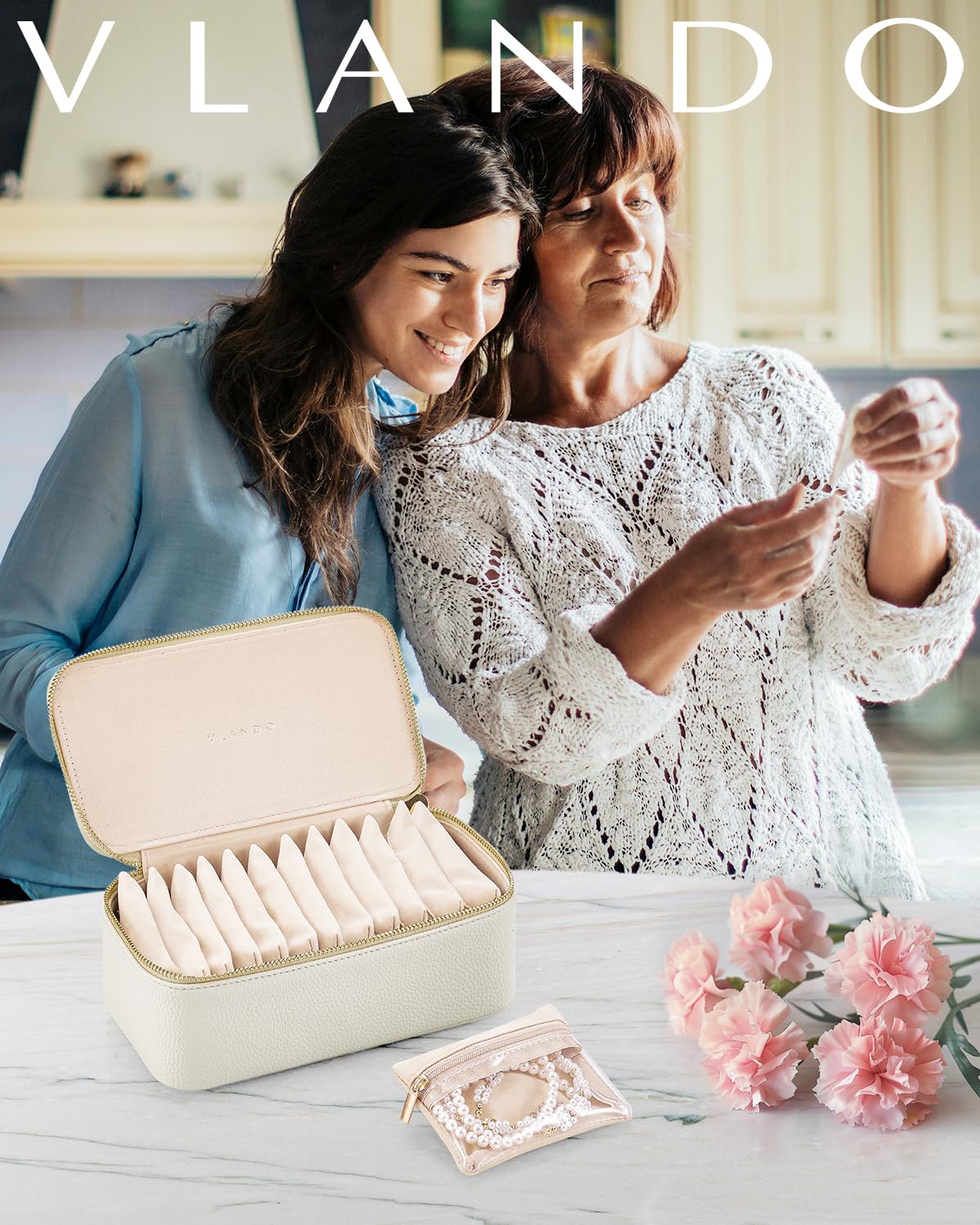 Vlando Travel Jewelry Case,Jewelry Box with 12 Velvet Jewelry Pouch Jewelry Travel Organizer for Women Girl Jewelry Case Necklace Rings Earrings Bags Wedding Gifts (White) - Medaid International