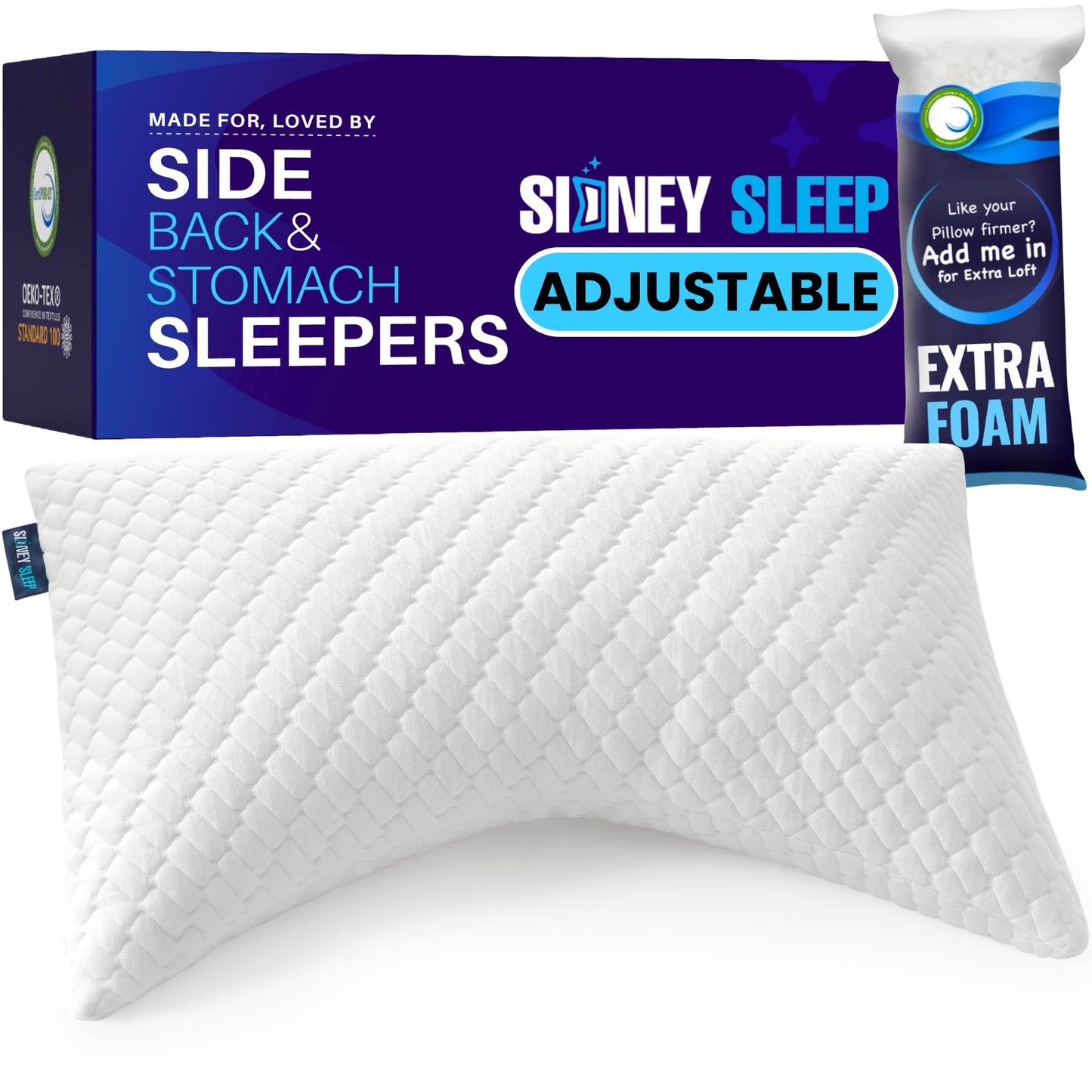Sidney Sleep Pillow for Side and Back Sleepers - Comfort for Neck and Shoulder Pain - Adjustable Contour Fill - Queen Size - Extra Fill Included (White) - Medaid International