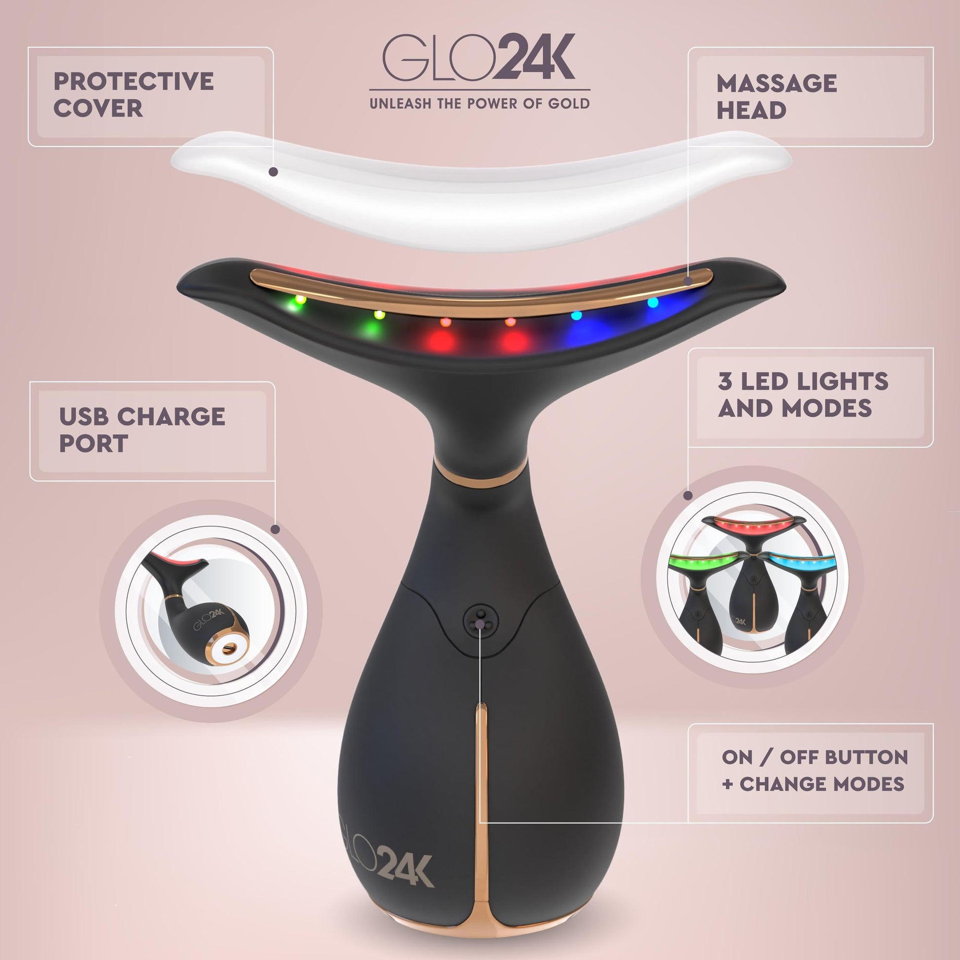 GLO24K Red Light Face & Neck Beauty Device – 3-in-1 Facial Massager Tool with LED & Vibration for Skin Revitalization and Neck Firming - Medaid International
