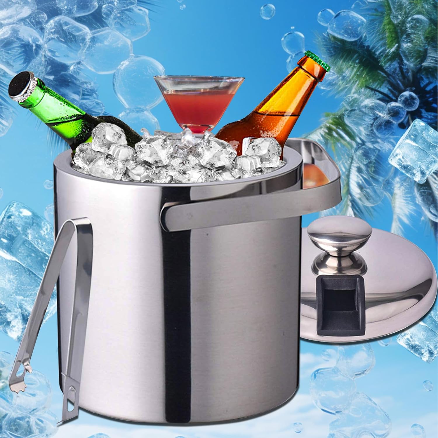 THMINS 3L Double-Wall Stainless Steel Insulated Ice Bucket With Lid & Ice Tong, Included Strainer, Ideal for Cocktail Bar, Parties, Chilling Wine, Champagne - Medaid International