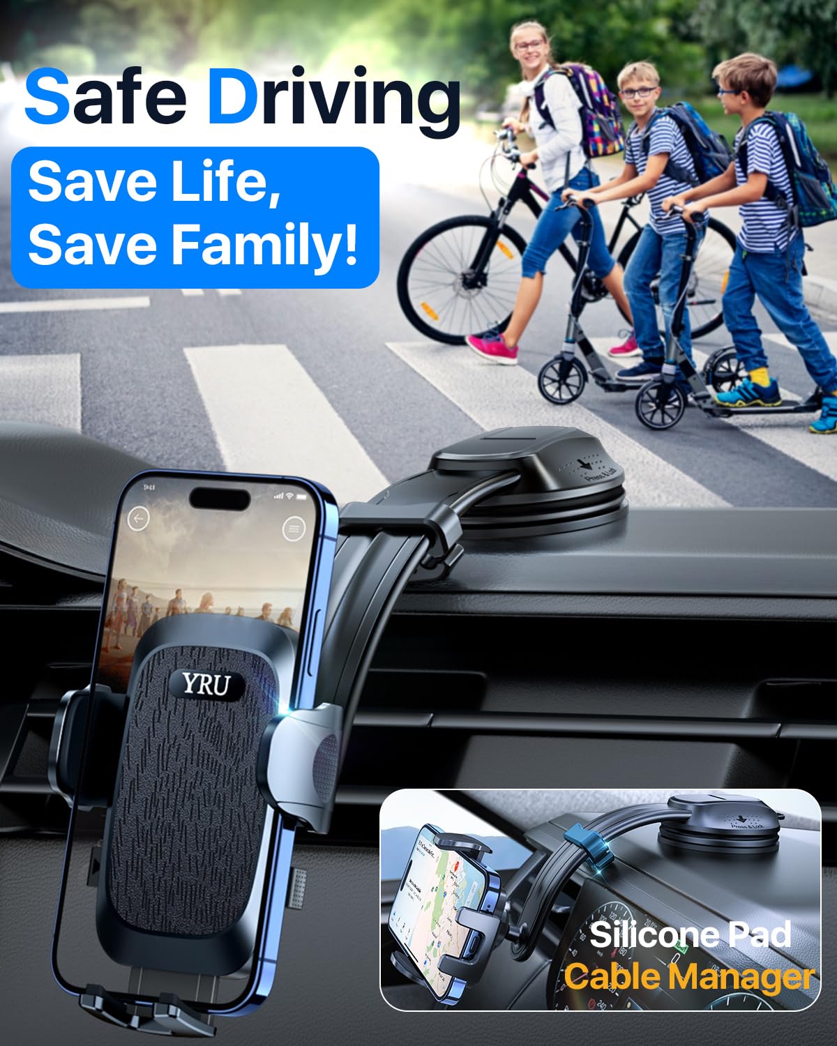 YRU [2025 Ultimate Car Phone Holder Mount [Bendable & Adjustable Aluminum Arm] Cell Phone Holder for Car Dashboard Windshield Phone Stand for iPhone 17 16 15 14 Pro Max Samsung Pickup Truck, Black - Medaid International