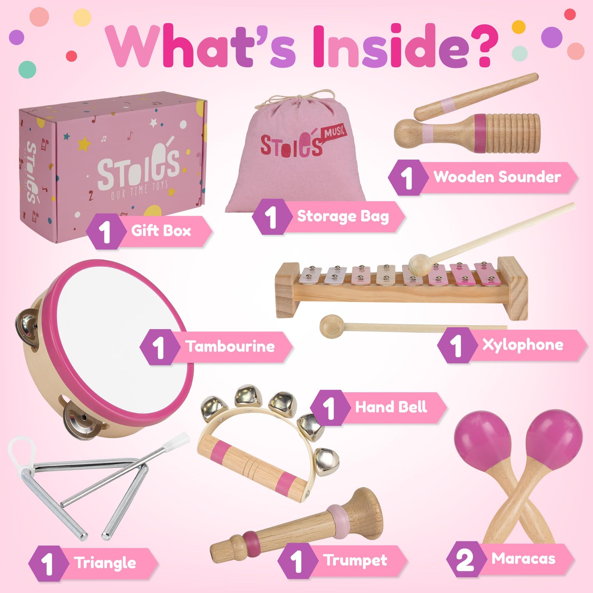 Stoie’s Wooden Music Set Pink Sensation, Montessori Musical Instruments for Toddlers 3-9 with Xylophone, Tambourine and Maracas, Educational Development and Creativity, Baby Musical Instruments - Medaid International