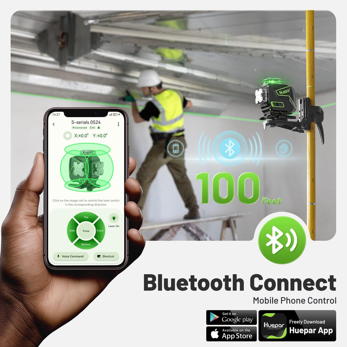 Huepar 16 Lines Self Leveling Laser Level 4x360° Cross Line Laser with Receiver -LCD Screen, 4D Bluetooth Green Beam Tiling Floor Laser Tool, 360° Horizontal/Vertical Laser Kit -Remote Control S04-5RG - Medaid International