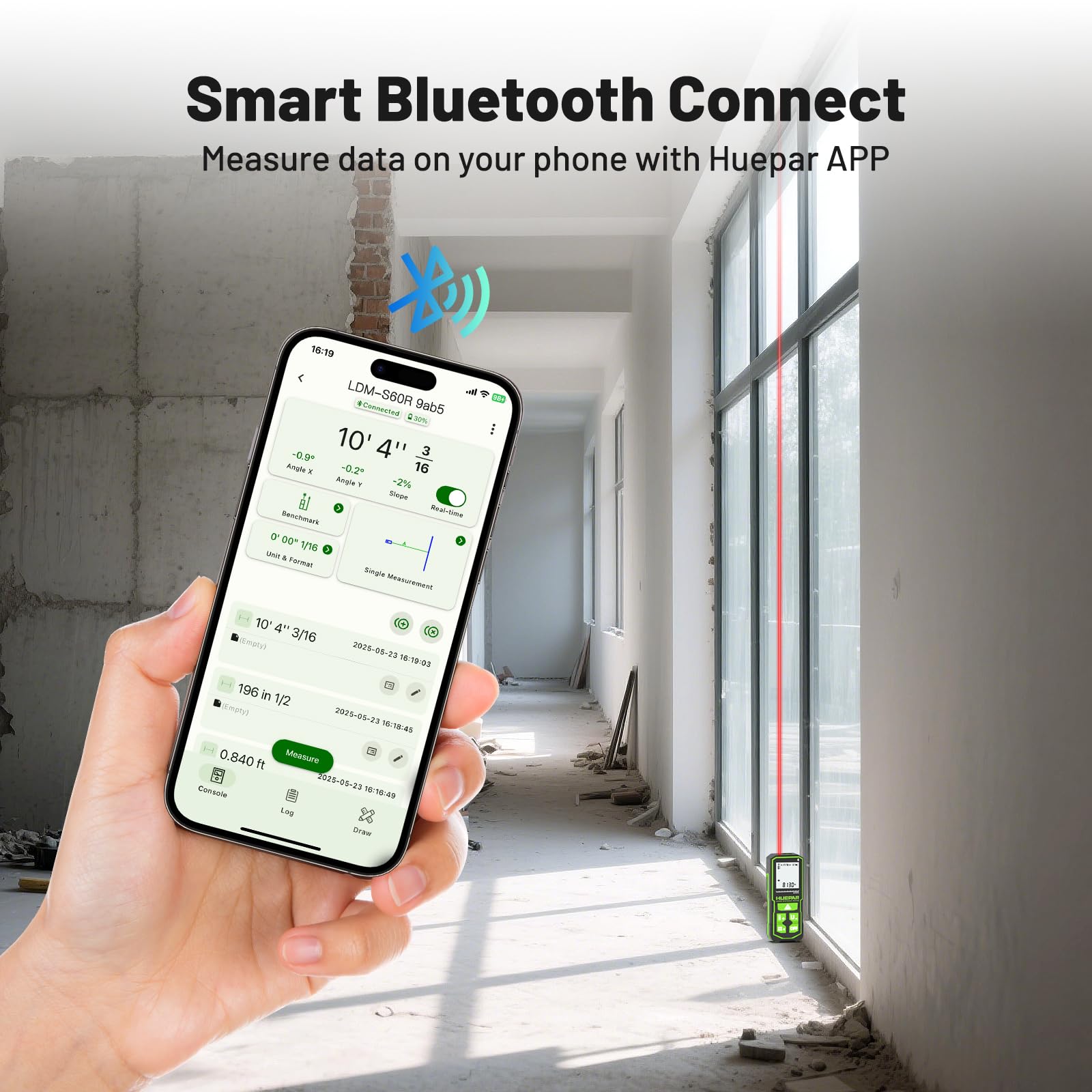 Huepar Laser Distance Measure 200Ft. Digital Rechargeable Laser Measuring Tool with Bluetooth -Phone APP, 1/16in Accuracy, Angle Sensor, M/in/Ft Unit, Pythagorean Mode, Measure Distance, Area, Volume - Medaid International