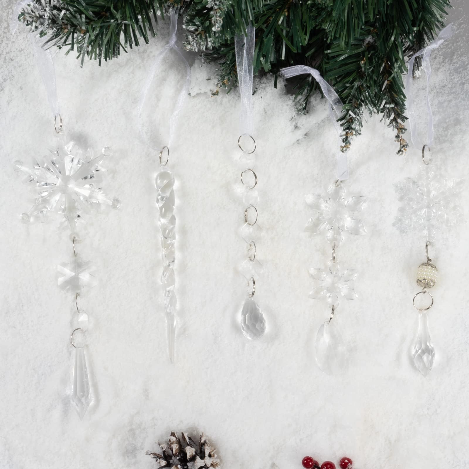 18pcs Christmas Tree Decoration Crystal Ornaments - Hanging Acrylic Christmas Snowflake Icicle Drop Crystal Ornaments for Xmas Tree Winter New Year Party Supplies - Medaid International