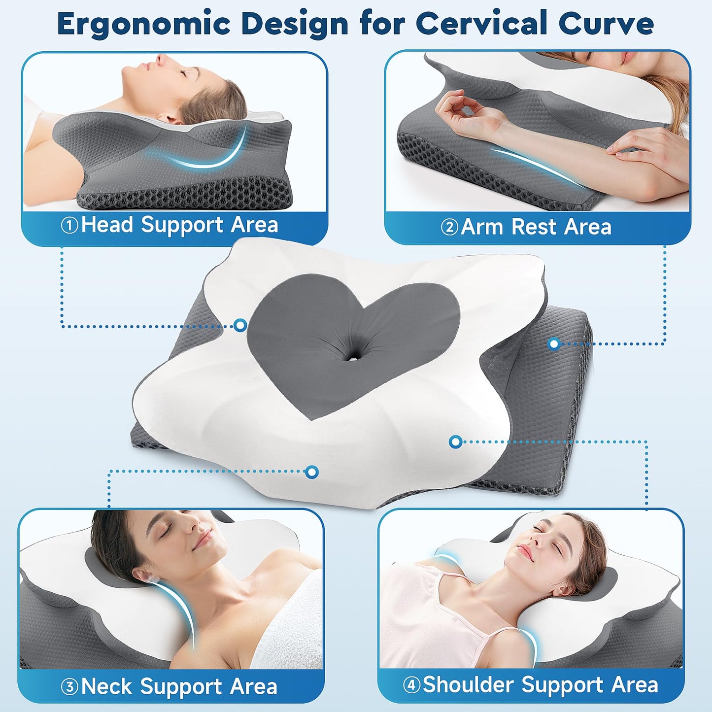 CushZone Cervical Neck Pillow, Memory Foam Neck Support Pillows for Sleeping, Shoulder Pillow for Side Sleepers, Back Stomach Sleepers, CertiPUR-US Certified, Queen Size, Grey - Medaid International