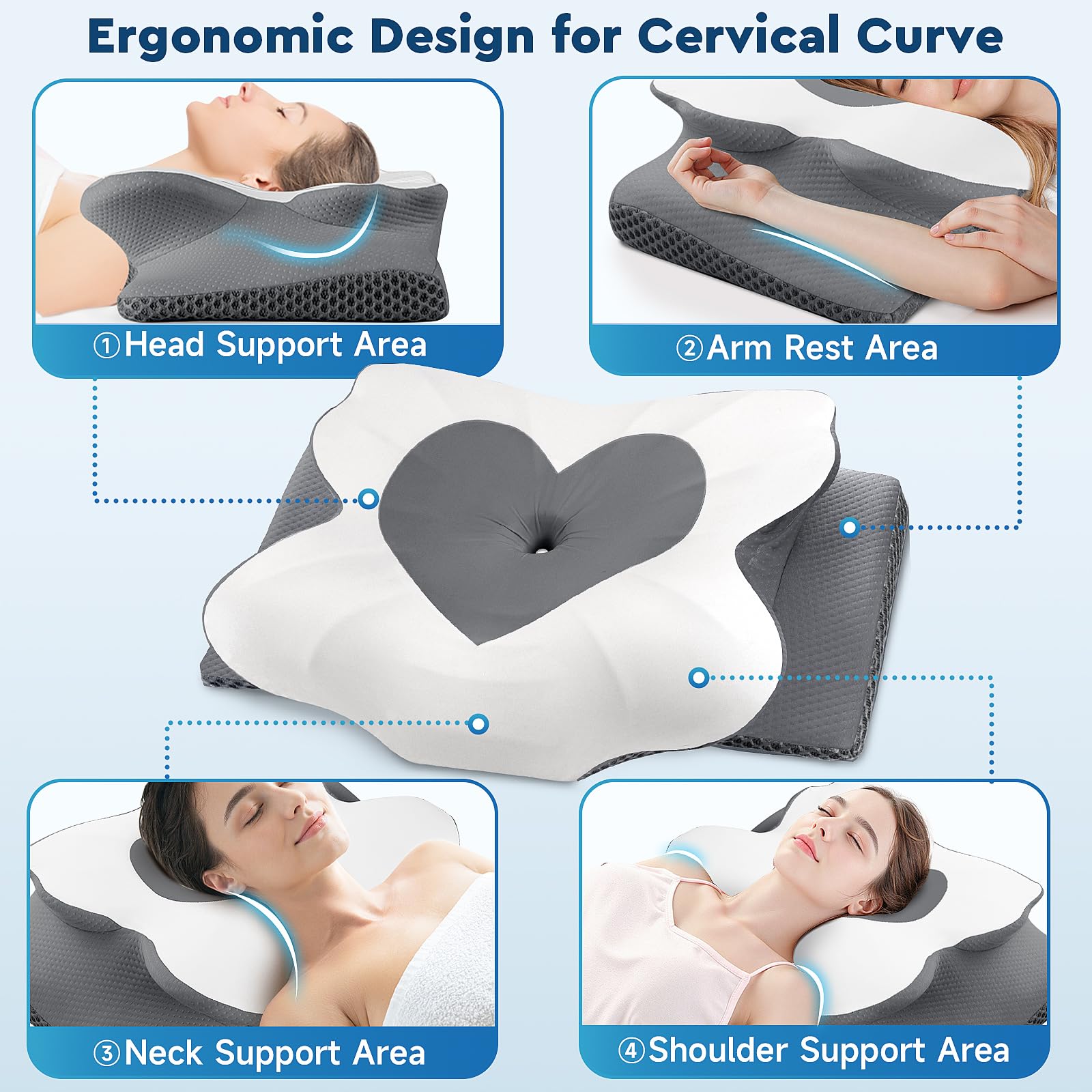 CushZone Cervical Neck Pillow, Memory Foam Neck Support Pillows for Sleeping, Shoulder Pillow for Side Sleepers, Back Stomach Sleepers, CertiPUR-US Certified, Queen Size, Grey - Medaid International