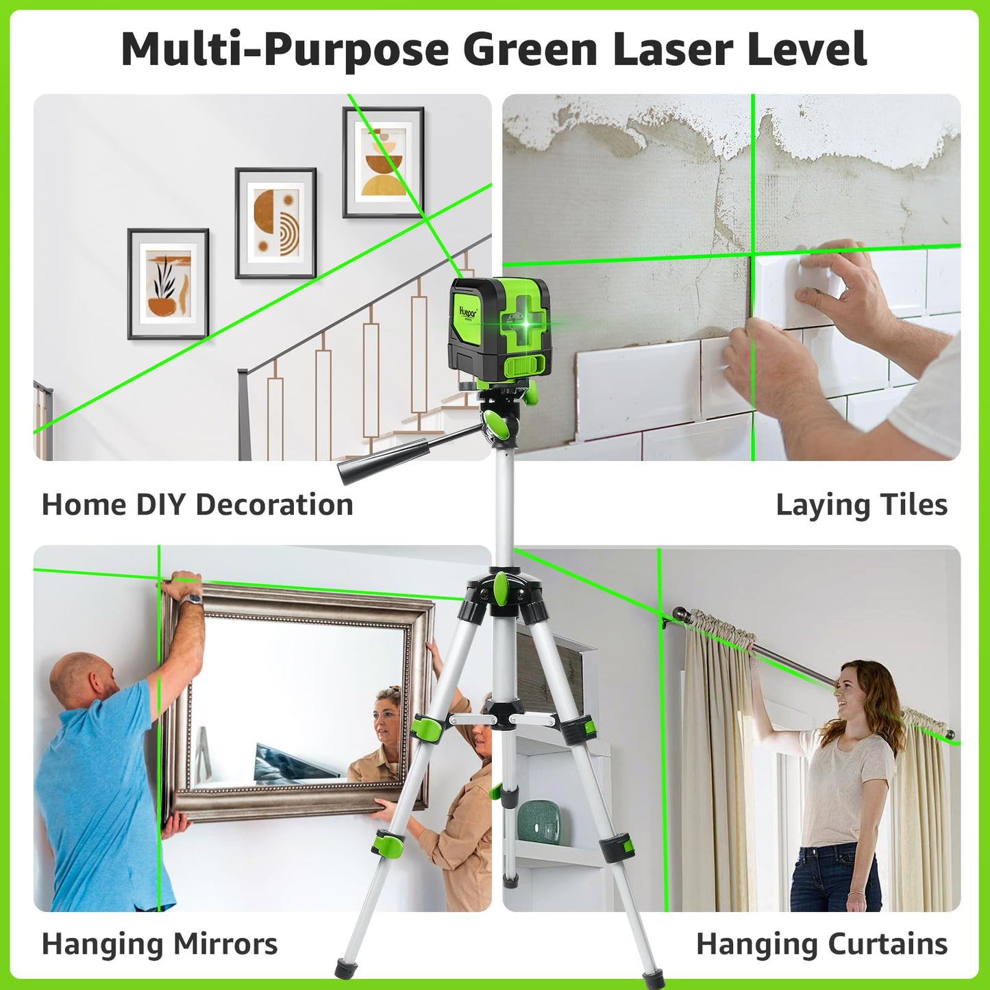 Huepar Laser Level, 100Ft Self Leveling Green Cross Line Laser for Picture Hanging, Tile, Decoration & DIY Construction – 360° Magnetic Base & AA Battery, Indoor Use - Medaid International