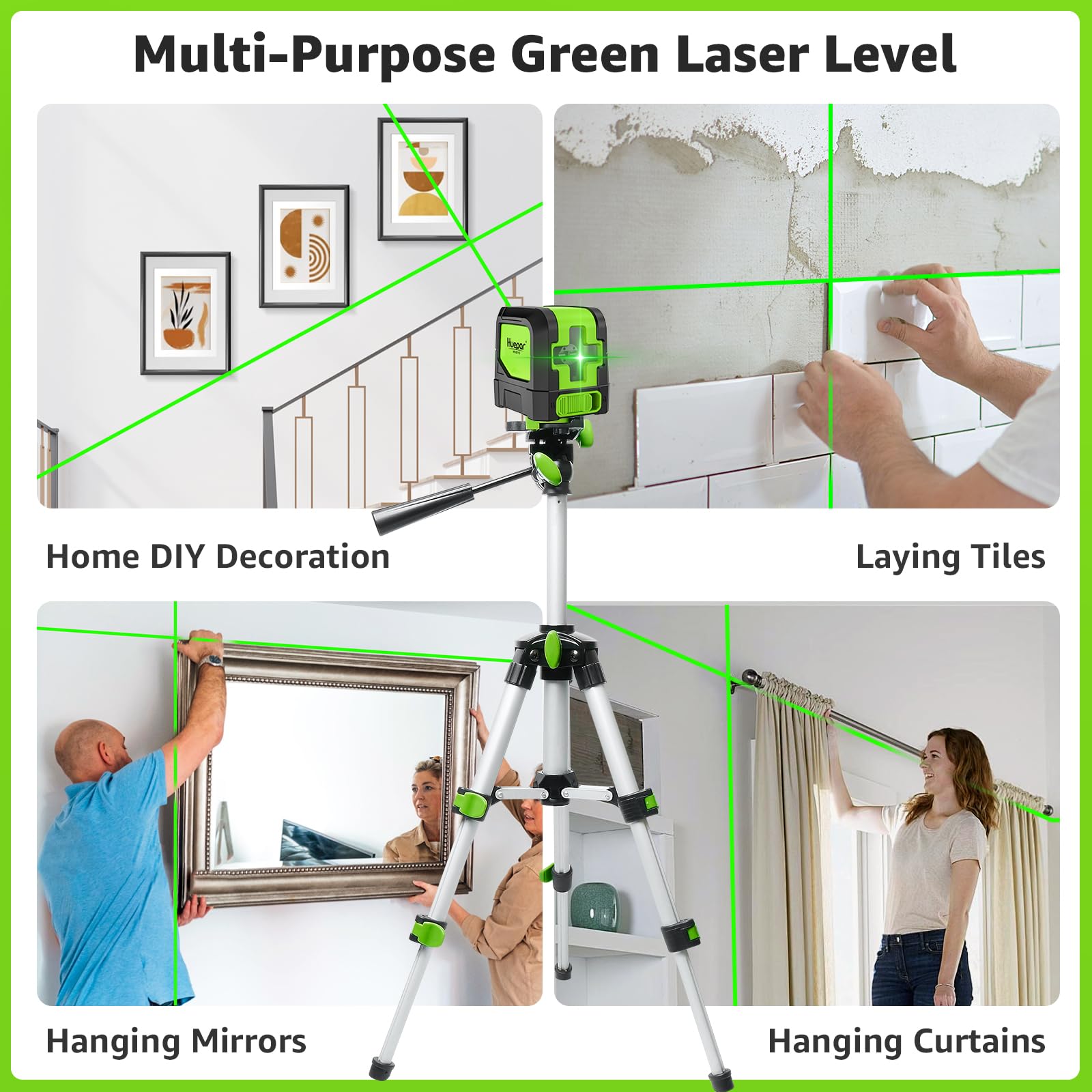 Huepar Laser Level, 100Ft Self Leveling Green Cross Line Laser for Picture Hanging, Tile, Decoration & DIY Construction – 360° Magnetic Base & AA Battery, Indoor Use - Medaid International