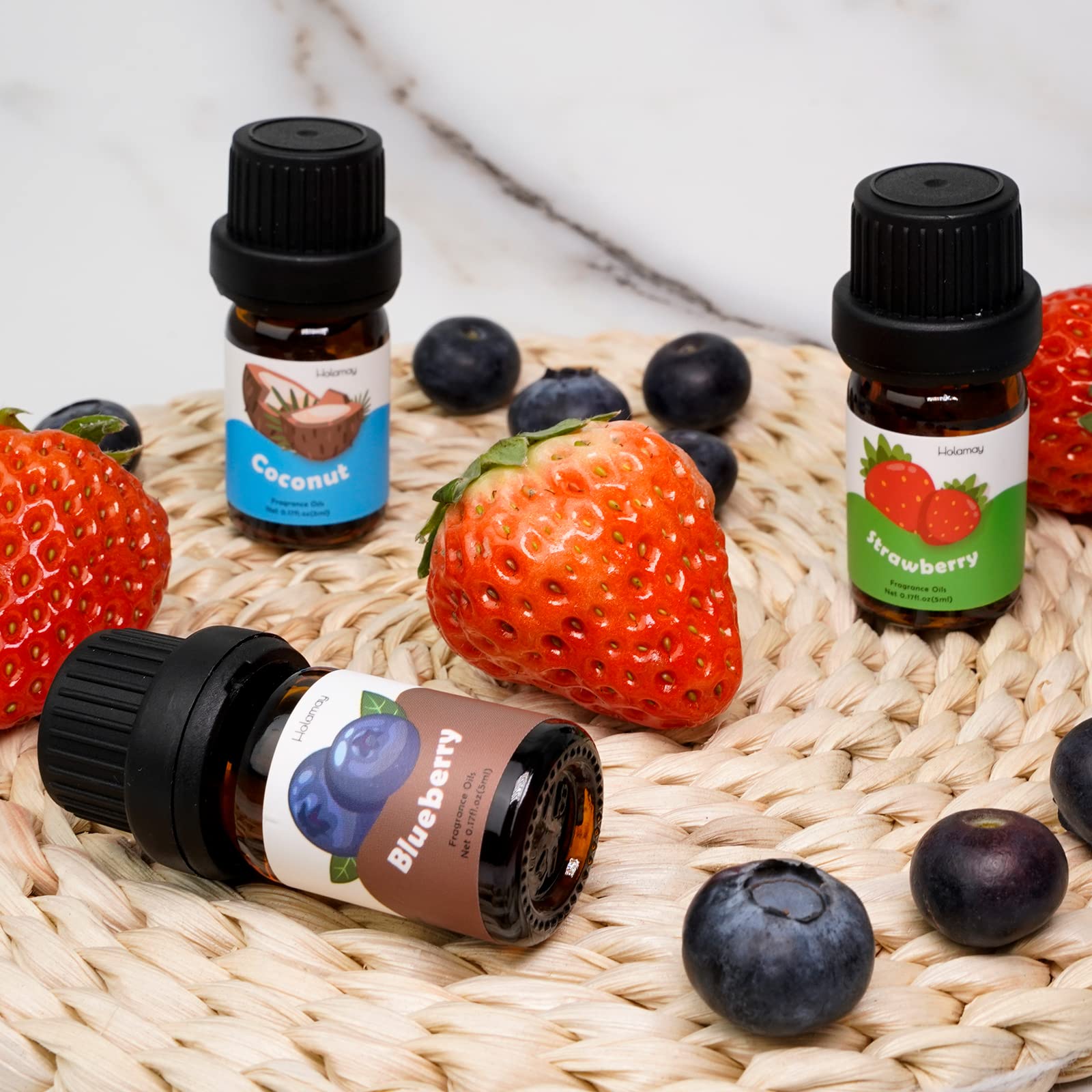 Fruity Fragrance Oil for Candle & Soap Making, Holamay Premium Fruit Essential Oils, 10 x 5ml - Coconut, Strawberry, Mango, Pineapple and More Diffuser Oil Scents, Summer Aromatherapy Oils Set - Medaid International
