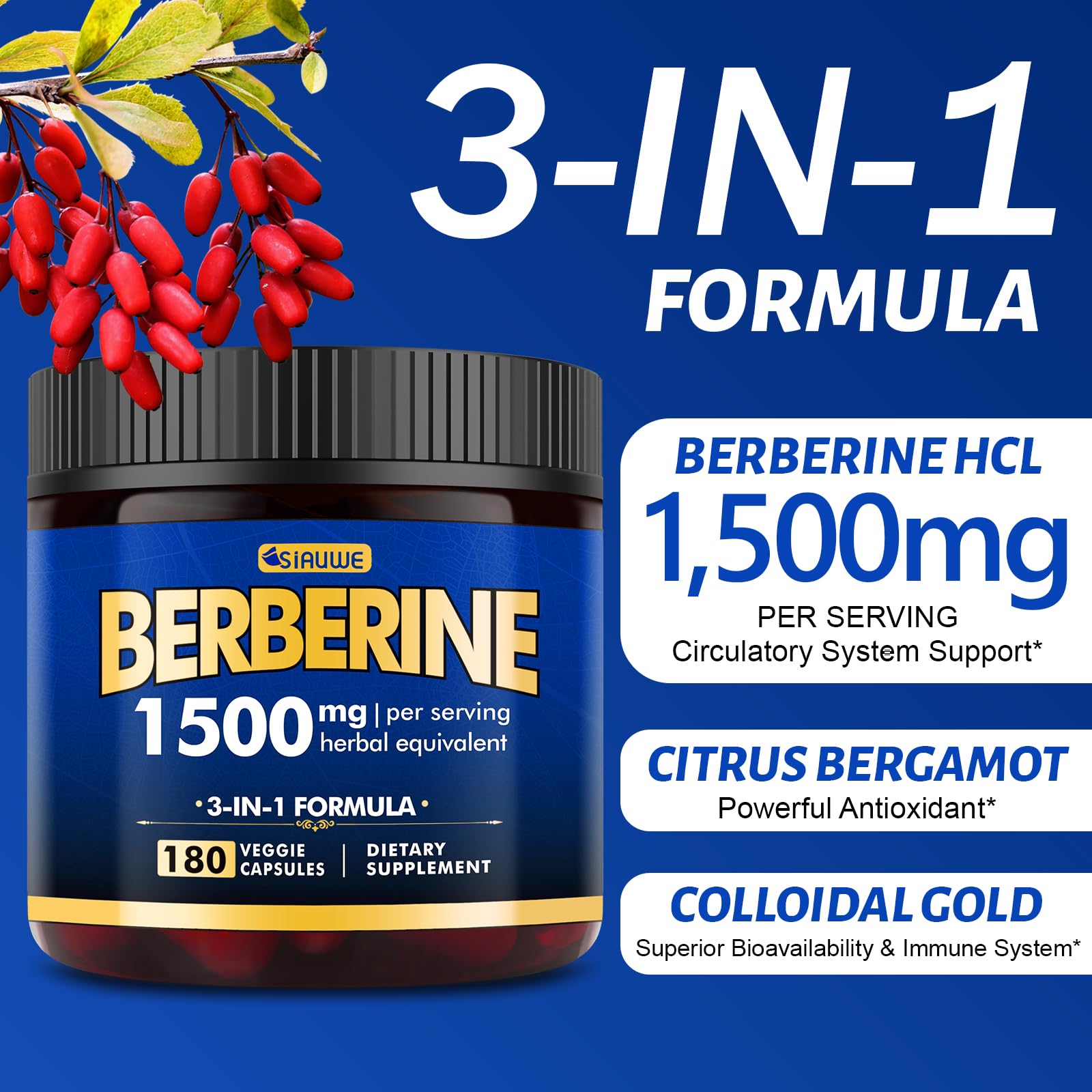Berberine Supplement, High Strength Berberine 1500MG, 180 Caps - Plus Citrus Bergamot, Berberine HCI Root Supplements - Metabolic, AMPK Support Healthy Weight Management - Vegan, Organic, Non-GMO - Medaid International