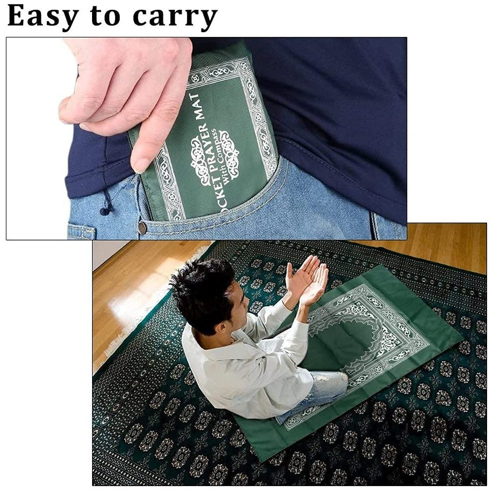 Hitopin Travel Prayer Mat, 60cm*100cm Praying Rug, Portable Polyester Prayer Rug with Compass, Islamic Waterproof Prayer Mat, Muslim Prayer Mat, for Ramadan Gifts, Islamic Prayer (Green) - Medaid International