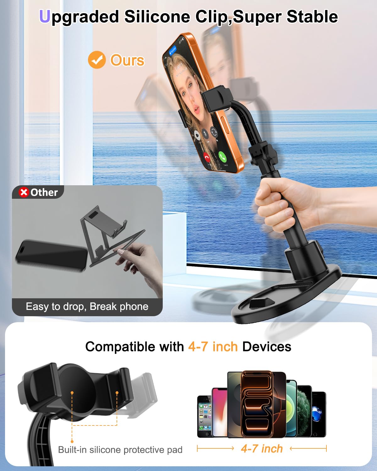 Cell Phone Stand for Desk,360° Rotating Adjustable Angle Height Phone Holder with Stable Metal Base Anti-Slip Recording Chat Tilting Stand Retractable Cell Phone Stand Office Accessories,4.7"-7",Dark - Medaid International