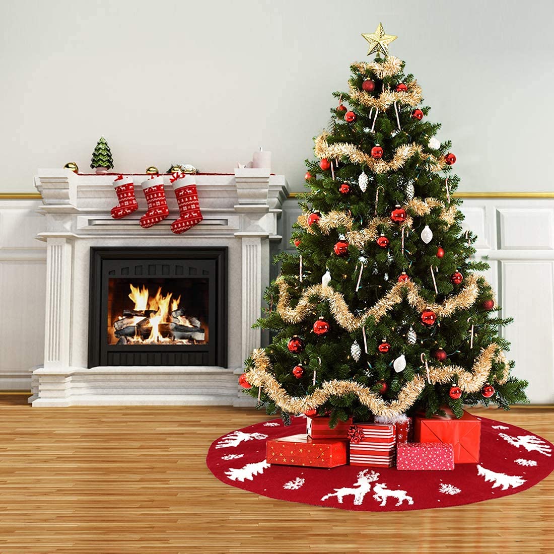 Dremisland Christmas Tree Skirt, Cable Knit Knitted Thick Rustic Tree Skirt for Xmas Holiday Decoration- 3D Elk and Christmas Tree (36in, Red) - Medaid International