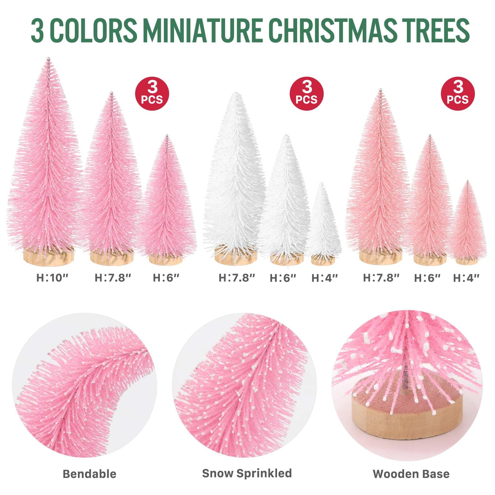 9Pcs Mini Christmas Trees Christmas Decor Artificial Christmas Decorations with 4 Sizes, Christmas Tree Bottle Brush Trees Christmas Table Decorations (Pink Light Pink White) - Medaid International