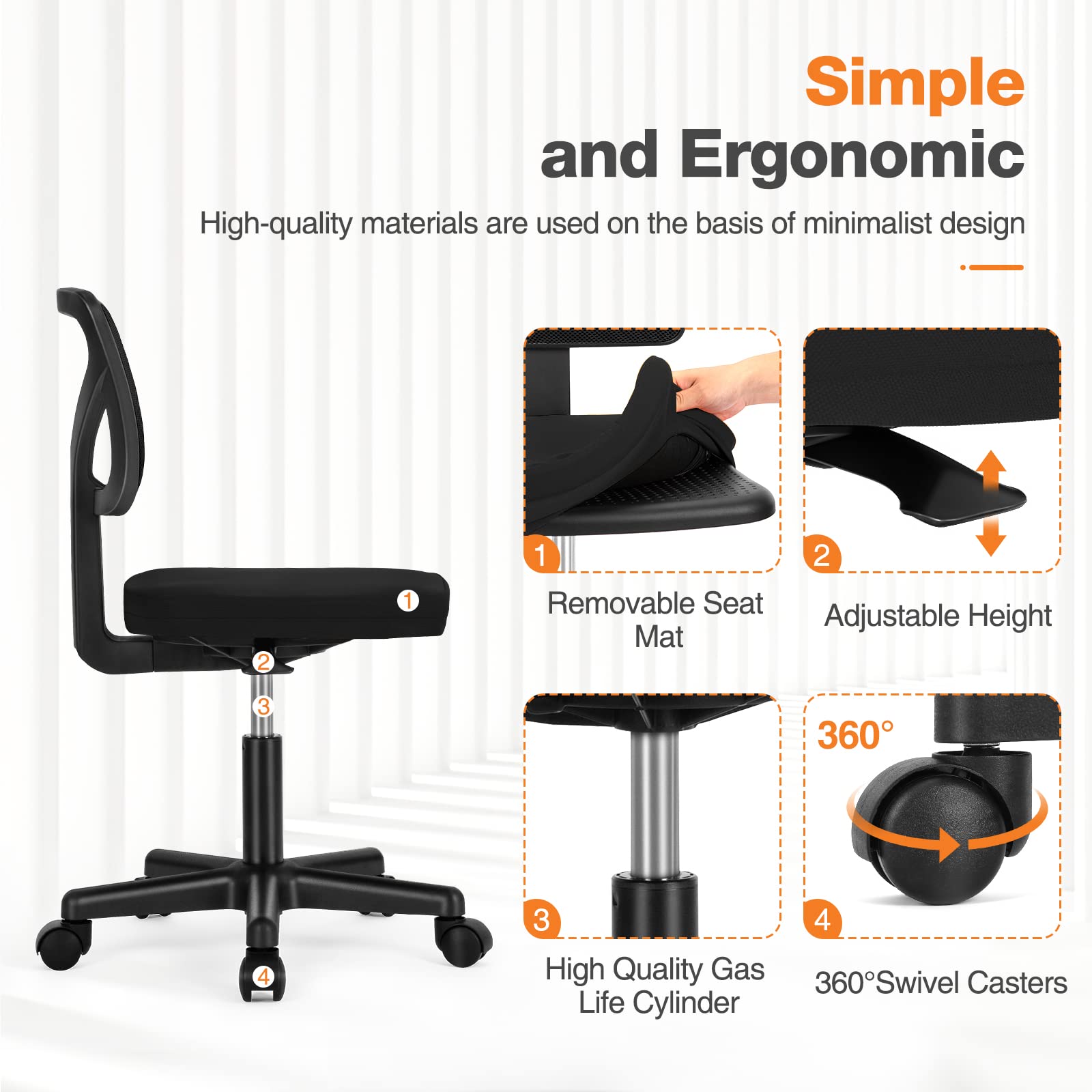 Sweetcrispy Office Computer Desk Chair, Ergonomic Low-Back Mesh Rolling Work Swivel Chairs with Wheels, Armless Comfortable Seat Lumbar Support for Home, Bedroom, Study, Student, Adults, Black - Medaid International