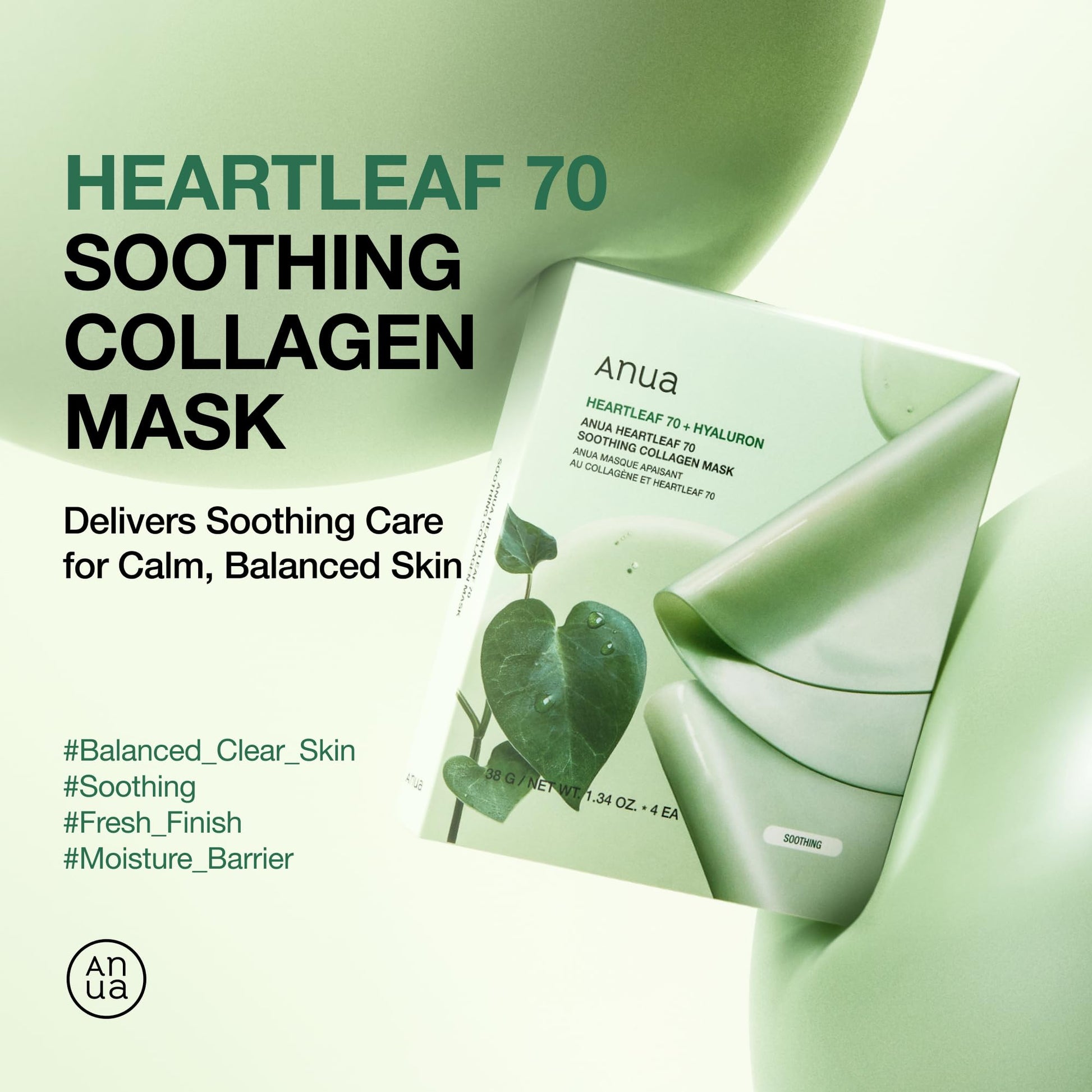 ANUA Heartleaf 70 Soothing Collagen Mask, Overnight Face Mask for Glass Skin, hyaluronic acid, Collagen, Soothing & hydration Facial Mask for Sensitive Skin, Natural Color, Korean Skin Care (38g, 4ea) - Medaid International