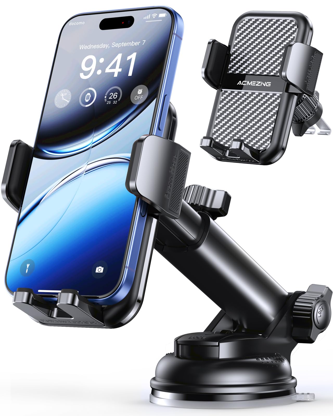 ACMEZING 3-in-1 Car Phone Holder [122+LBS Strongest Suction & Stable Clamp Arm] 360° Adjustable Mount, Cell Phone Holders for Your All Car Models for Dashboard Vent, All Smartphones, Black - Medaid International