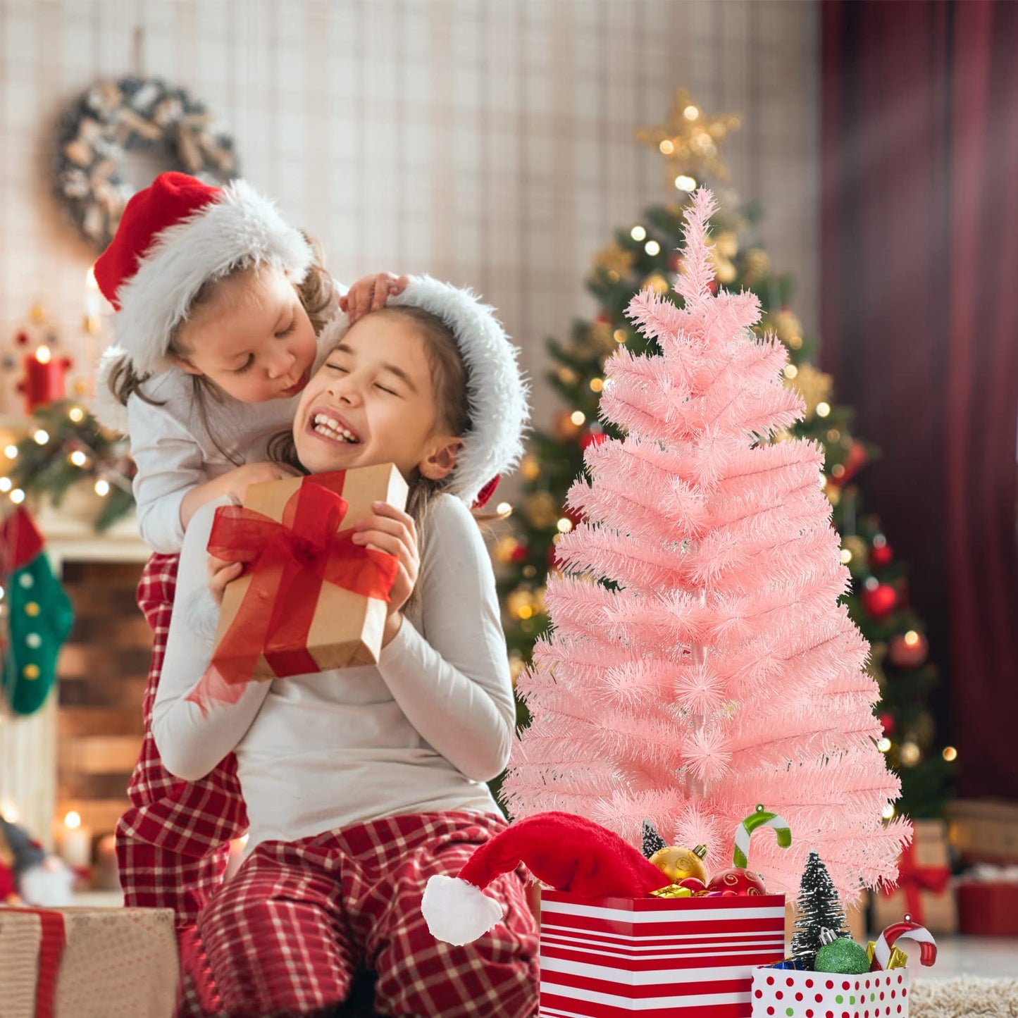 CCINEE 3Ft Artificial Christmas Tree, Pink Tabletop Hinged Christmas Tree with Metal Stand 130 Branch Tips Mini Tree for Xmas Party Supplies Home Indoor Decoration - Medaid International