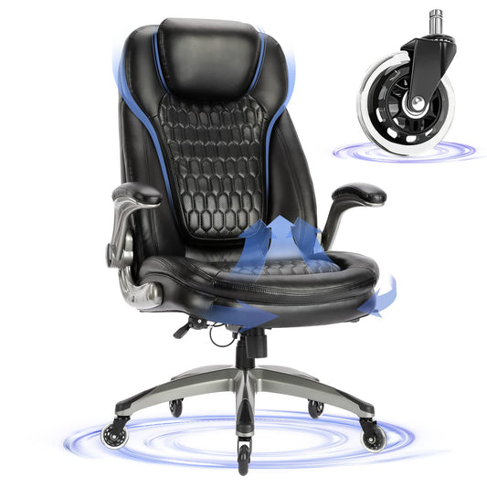 Executive Office Chair-Ergonomic Computer Desk Chair, High Back Leather Chair with Padded Flip-up Arms, Swivel Home Office Chair Upgraded Caster-Black - Medaid International