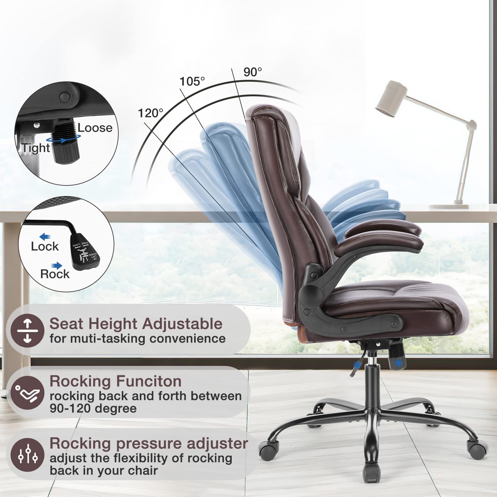 Executive Office Chair – Ergonomic Adjustable Computer Desk Chairs with High Back Flip-up Armrests, Swivel Task Chair with Lumbar Support, Bonded Leather - Medaid International