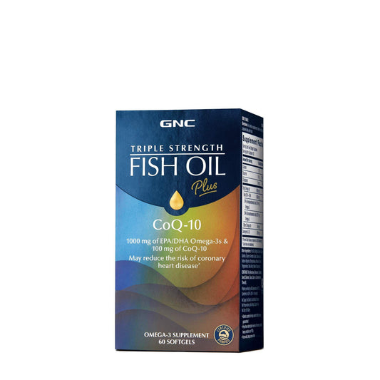GNC Triple Strength Fish Oil Plus CoQ10 Omega 3 Supplement, 1000mg EPA and DHA, 100mg CoQ10, Heart and Circulatory Health, Plus Skin, Joint, Brain, and Eye, Coated to Control Fishy Burps, 30 Servings - Medaid International