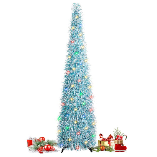 QBA 5FT Pop Up Christmas Tree with 90 Colorful Lights, Tinsel Xmas Tree Slim Pencil Christmas Tree for Indoor Home Porch Fireplace Holiday Party Decorations - Medaid International