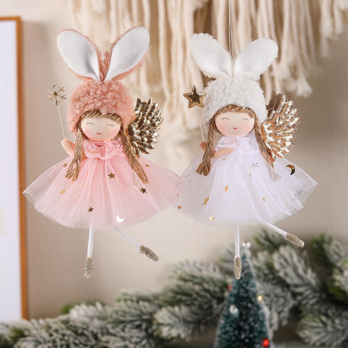 2 Pcs Merry Christmas Plush Angel Hanging Ornaments with Snowflake Glittering Wings Gauze Skirt Fluffy Decorations for Christmas Tree Fireplace and Holiday Display Xmas Indoor Party Supplies 6 Inch - Medaid International
