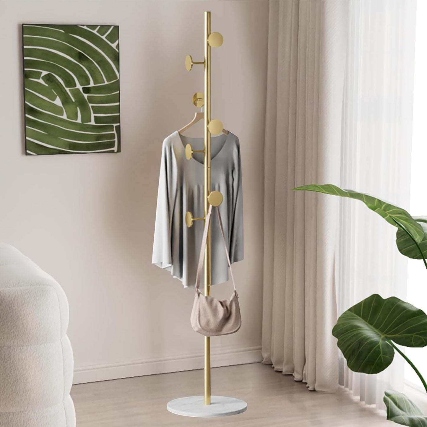 DAYONG Free-standing Coat Rack with Hooks, Multifunction Metal Clothes Garment Rack, Stand with Stable Round Base For Clothes,Bags,Hats,Scarves,Backpacks in Bedroom Entryway Hallway Office (Gold) - Medaid - Lebanon