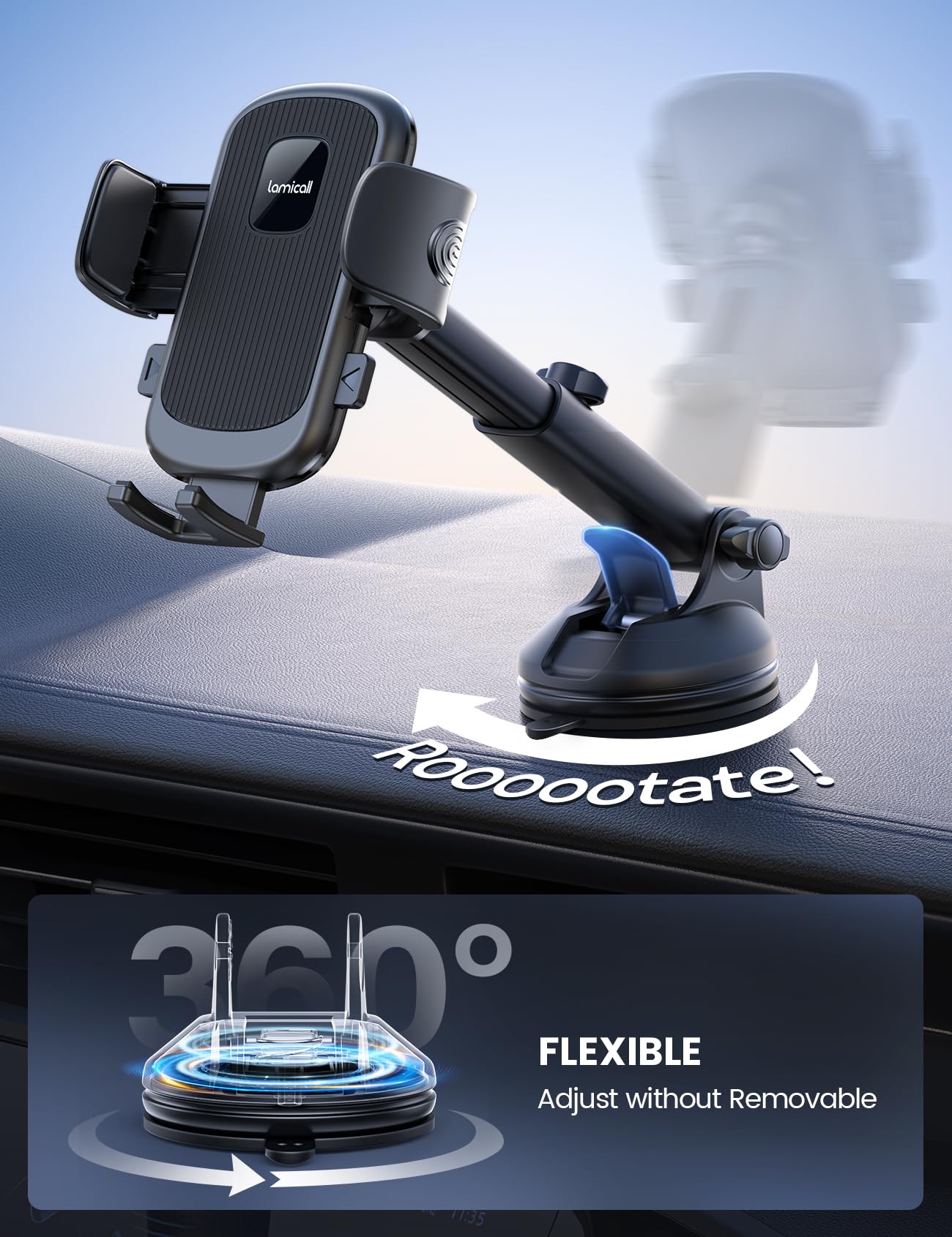 Lamicall Car Phone Holder Mount [3-in-1 Military-Grade Suction Cup] 360° Rotation Phone Holders for Your Car [Metal Hook] Cell Phone Car Mount Dashboard Vent Windshield for iPhone 17 16 All Smartphone - Medaid International