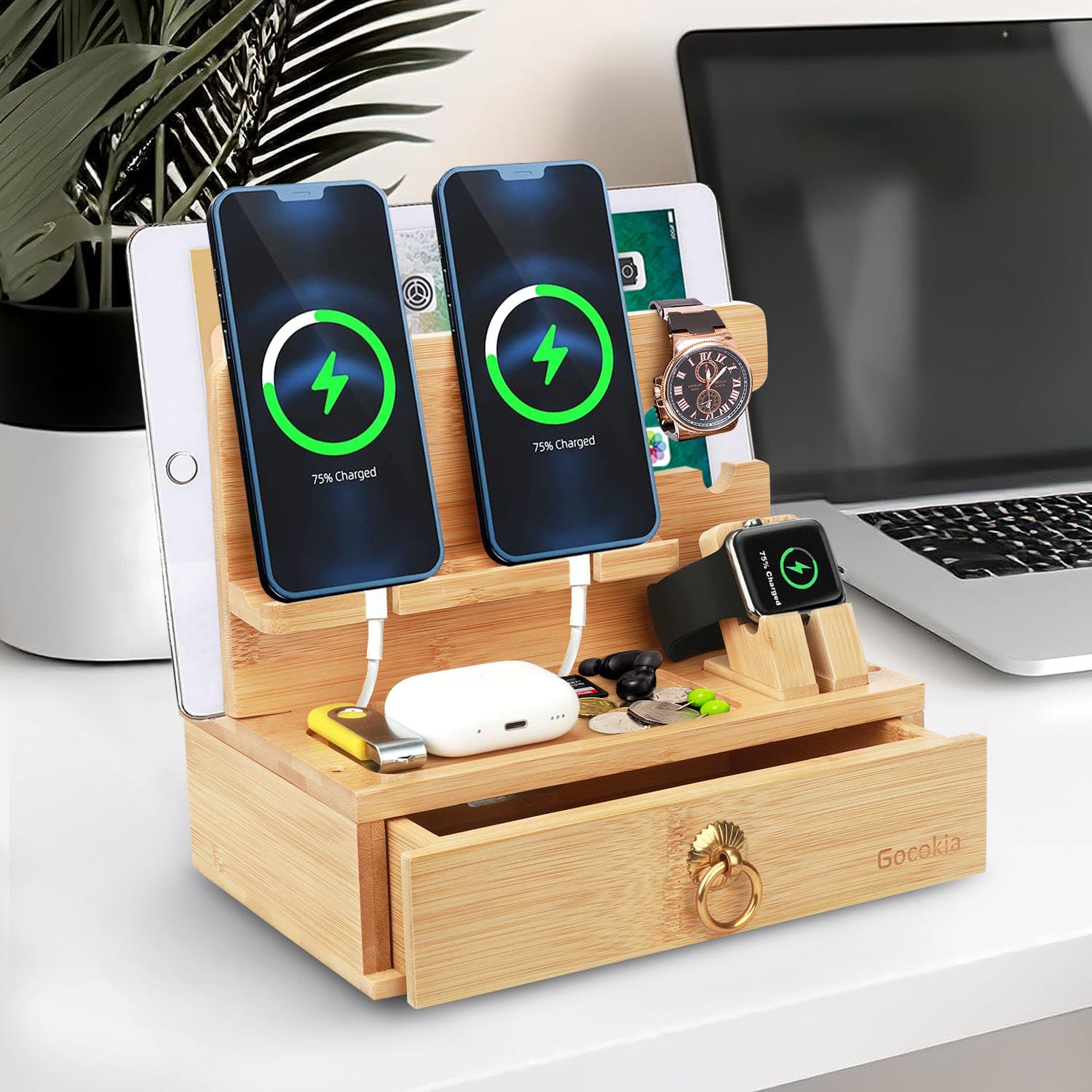 Gocokia Multifunctional Bamboo Stands, Dual Cell Phone Holder, Tablet Storage Stand, Watch Storage Hanger, Bamboo Cell Phone Holder with Drawer - Medaid International