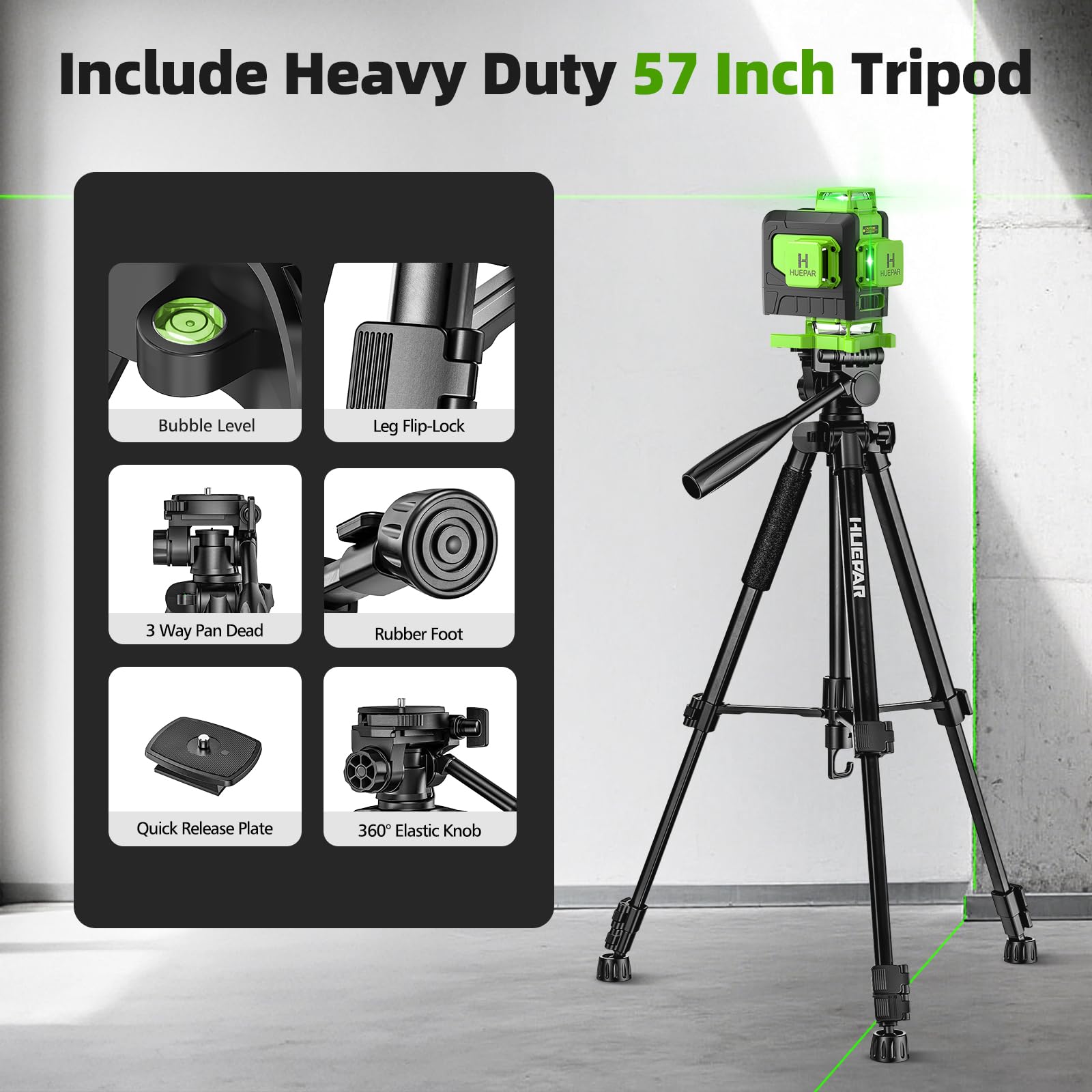 Huepar Laser Level 4x360 Self Leveling with 60" Tall Tripod, 4D Green Cross Line Lazer Leveler Tool with Outdoor Pulse Mode, 16 Lines Great for Tiling, Ceiling, Wall Work & DIY Home Renovation - Medaid International