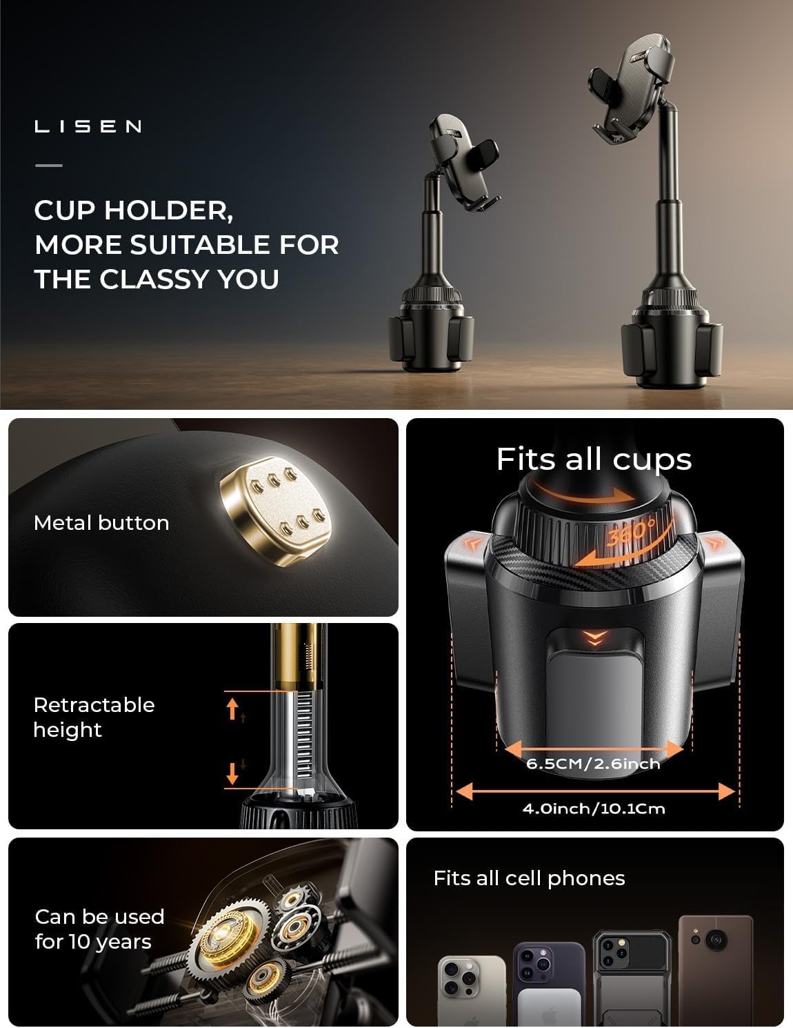 LISEN Cup Phone Holder [No Shaking] Phone Holder for Car, 360 Adjustable iPhone Holder for Car Accessories for Women Truck Jeep Golf for iPhone 17 Pro Max 16 15 14 13 Samsung S25 All 4-7'' Phone - Medaid International