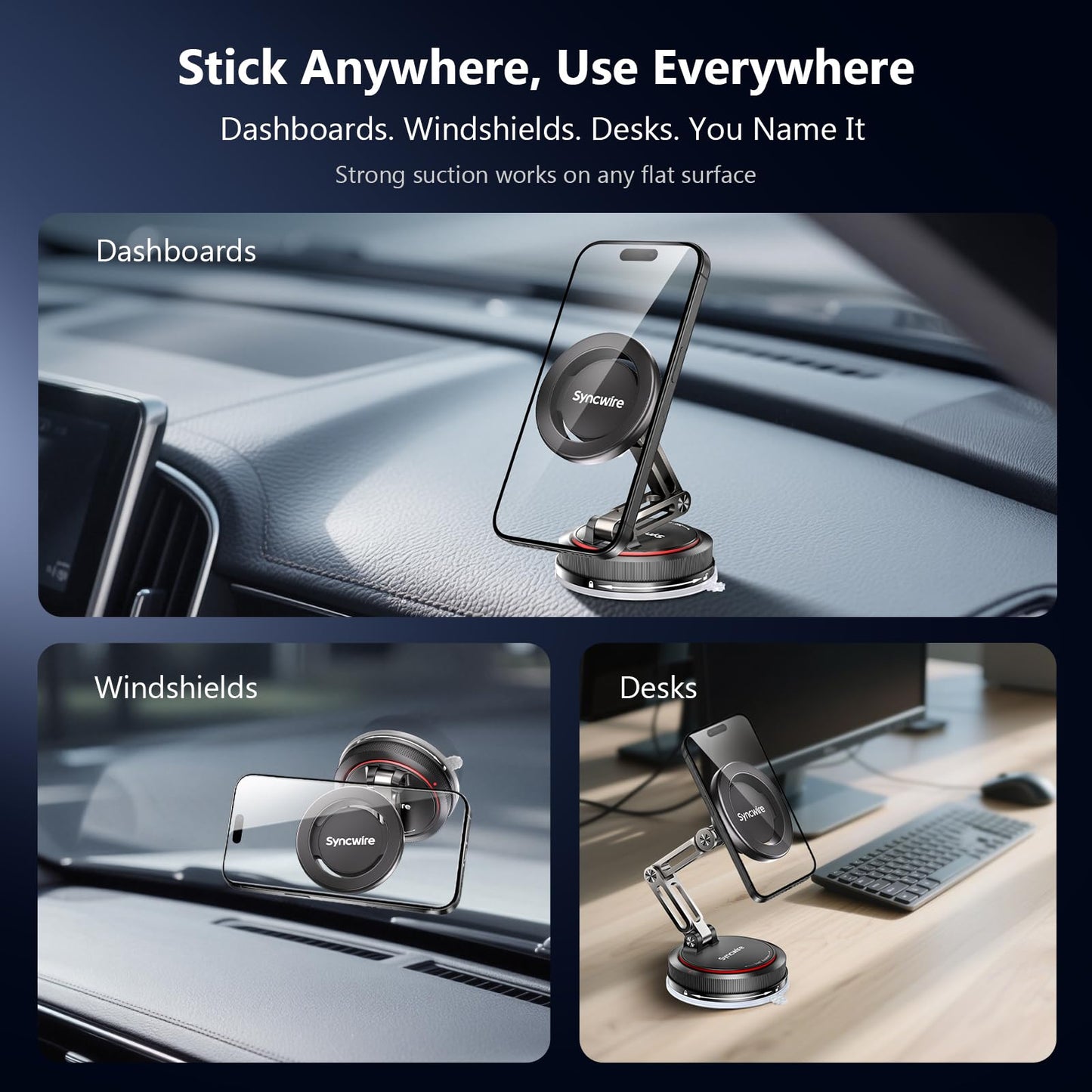 SYNCWIRE for MagSafe Car Mount [3-Axis Design] Strong Suction Cup Magnetic Phone Holder, 360° Rotation, Compatible with iPhone 17 Pro Max 16 15 14 13 12, Samsung, Matte Black - Medaid International