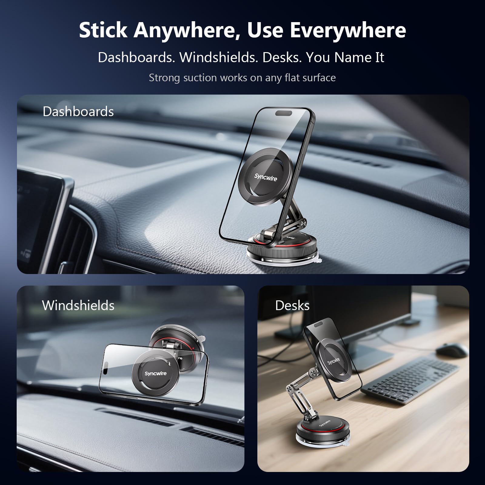 SYNCWIRE for MagSafe Car Mount [3-Axis Design] Strong Suction Cup Magnetic Phone Holder, 360° Rotation, Compatible with iPhone 17 Pro Max 16 15 14 13 12, Samsung, Matte Black - Medaid International
