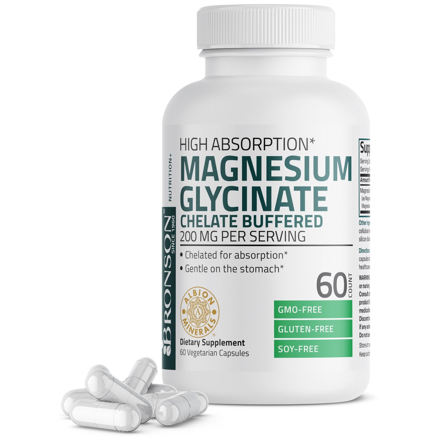 Bronson Magnesium Glycinate 200 MG per Serving Chelated for High Absorption, Gentle On Stomach, Non-GMO, 60 Vegetarian Capsules - Medaid International