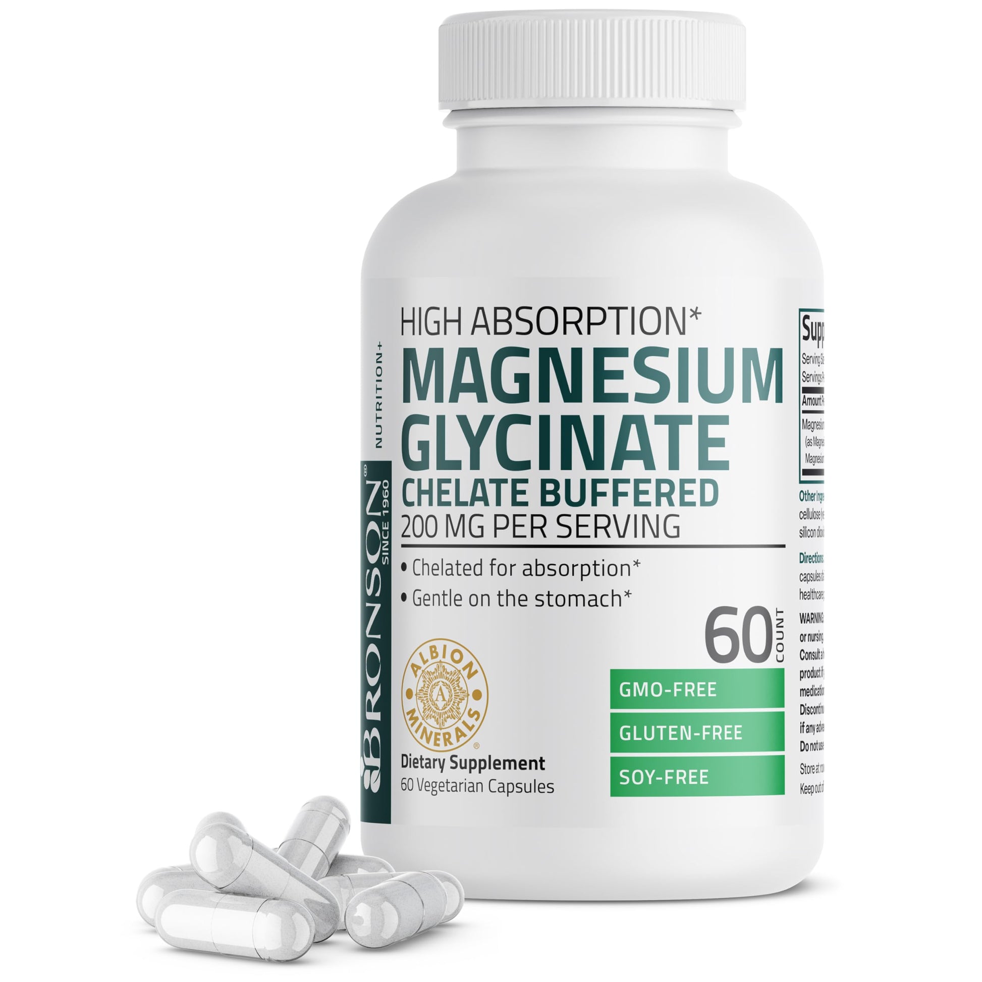 Bronson Magnesium Glycinate 200 MG per Serving Chelated for High Absorption, Gentle On Stomach, Non-GMO, 60 Vegetarian Capsules - Medaid International