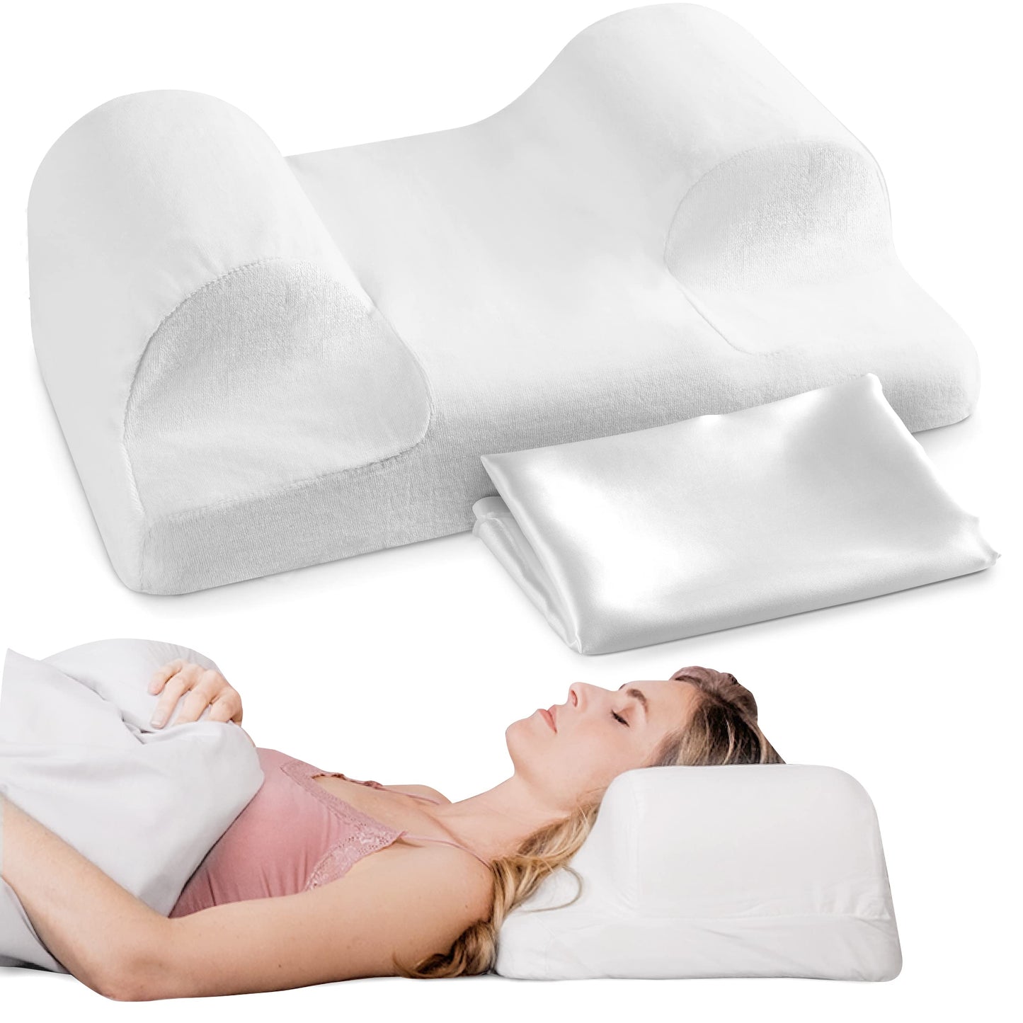 Your Face Pillow-Back Sleeper Beauty Pillow, Cervical Neck Pillow Contour Memory Foam Pillow, Ergonomic Neck, Back & Shoulder Support. Back Sleeping Reduces Pressure on Skin - Standard with Satin Case - Medaid International