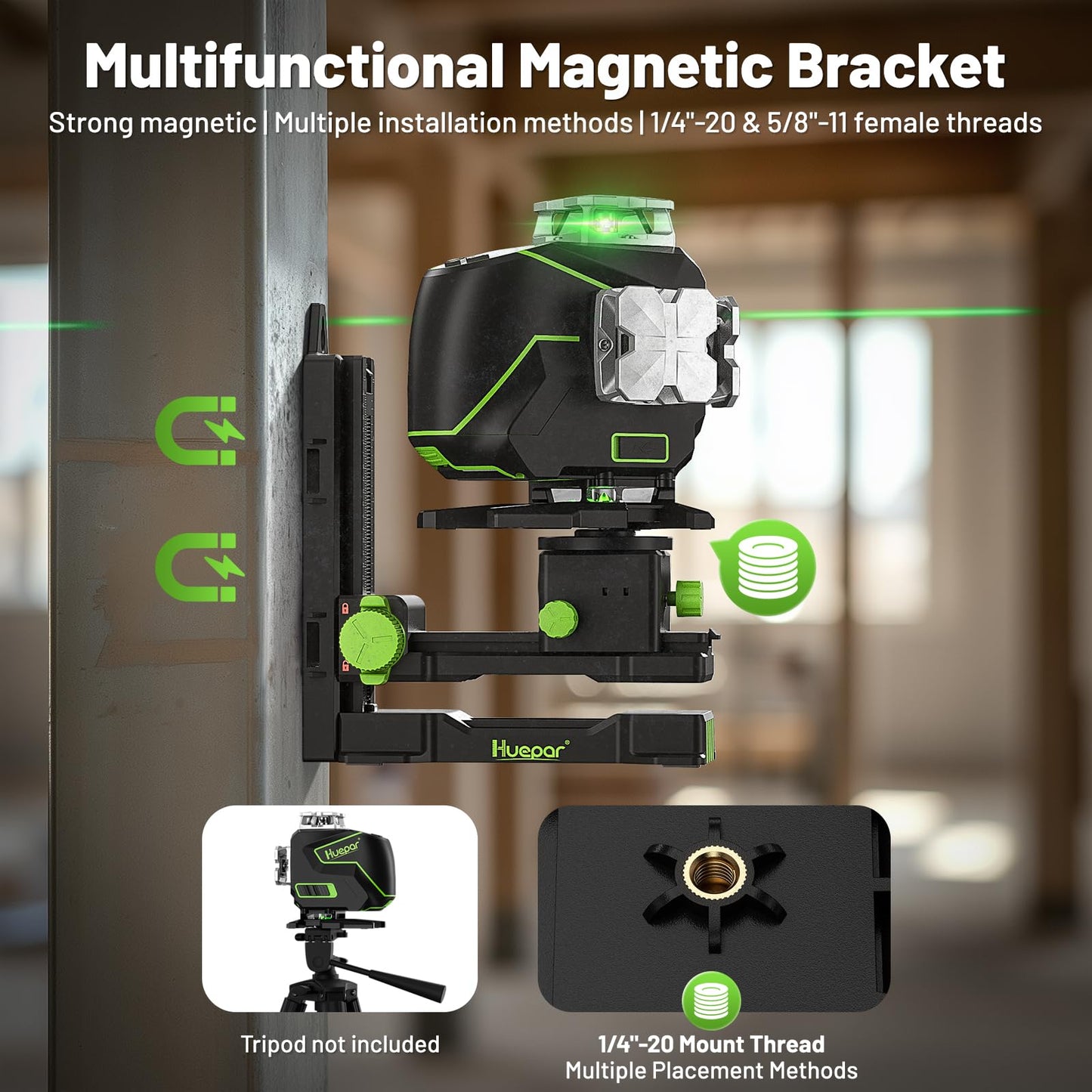 Huepar 16 Lines Self Leveling Laser Level 4x360° Cross Line Laser with Receiver -LCD Screen, 4D Bluetooth Green Beam Tiling Floor Laser Tool, 360° Horizontal/Vertical Laser Kit -Remote Control S04-5RG - Medaid International