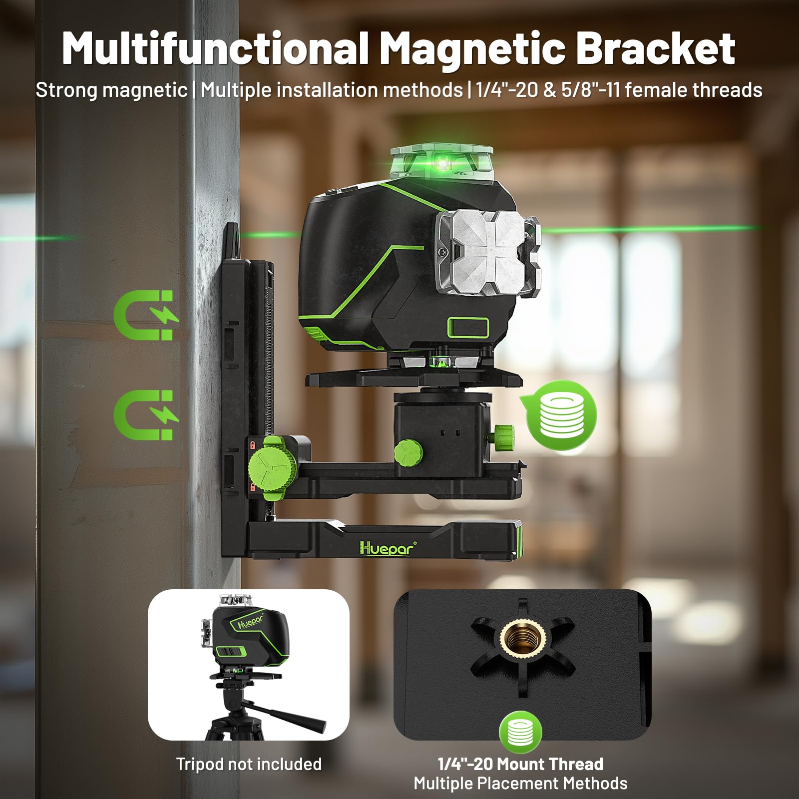 Huepar 16 Lines Self Leveling Laser Level 4x360° Cross Line Laser with Receiver -LCD Screen, 4D Bluetooth Green Beam Tiling Floor Laser Tool, 360° Horizontal/Vertical Laser Kit -Remote Control S04-5RG - Medaid International