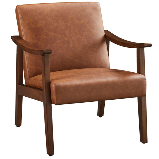 Yaheetech PU Leather Accent Chair, Mid-Century Modern Armchair with Solid Wood Legs, Reading Leisure Chair with High Back for Living Room Bedroom Waiting Room, Brown - Medaid International
