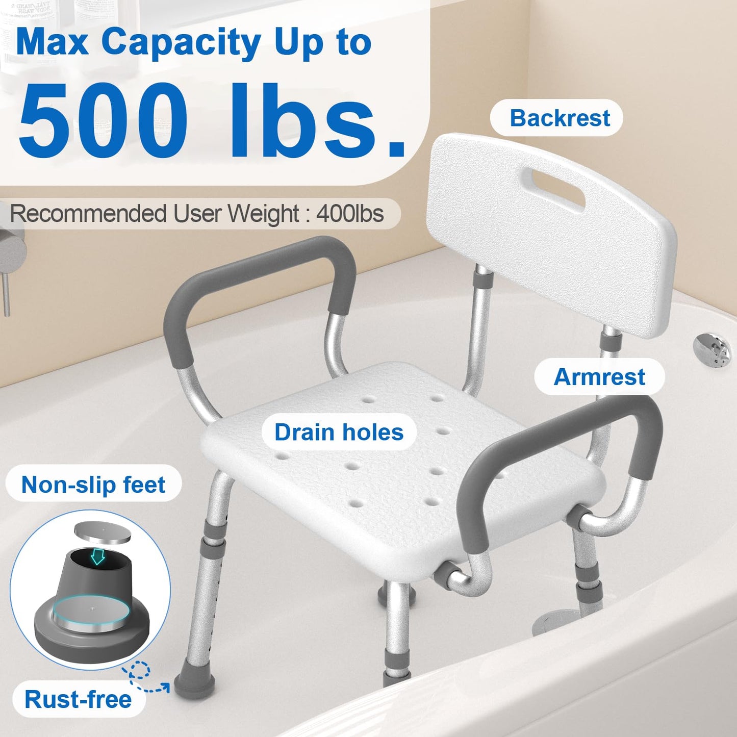 HOMLAND Shower Chair for Inside Shower with Arms and Back, 500 lbs Heavy Duty Shower Seat for Bathtub, Height Adjustable Safety Bath Seat for Elderly, Adults, Handicap and Disabled, White - Medaid International