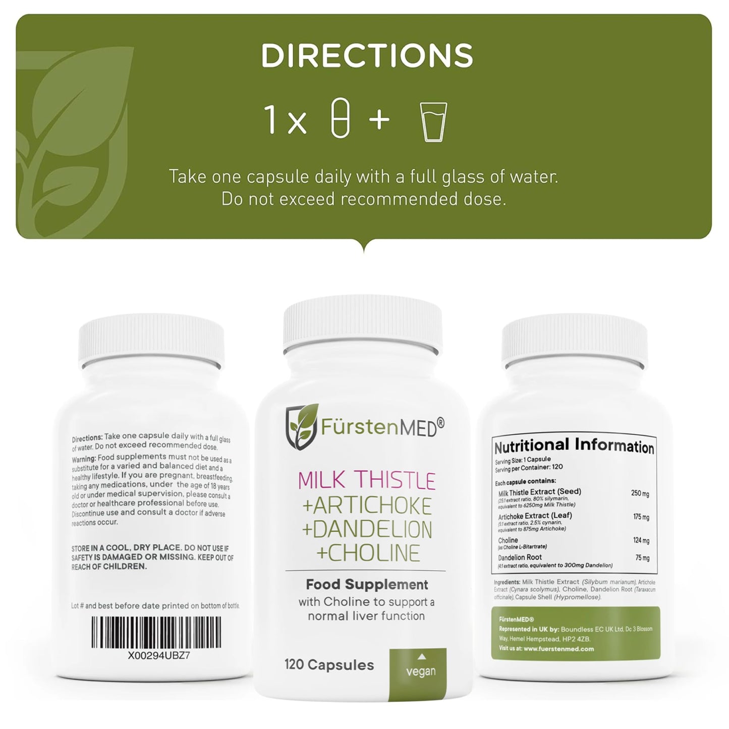 FürstenMED Milk Thistle with Artichoke Extract, Dandelion Root & Choline - Normal Liver Health Supplement - Highly Dosed with 80% Silymarin - Vegan Liver Support - 120 Non-GMO Capsule - Medaid International