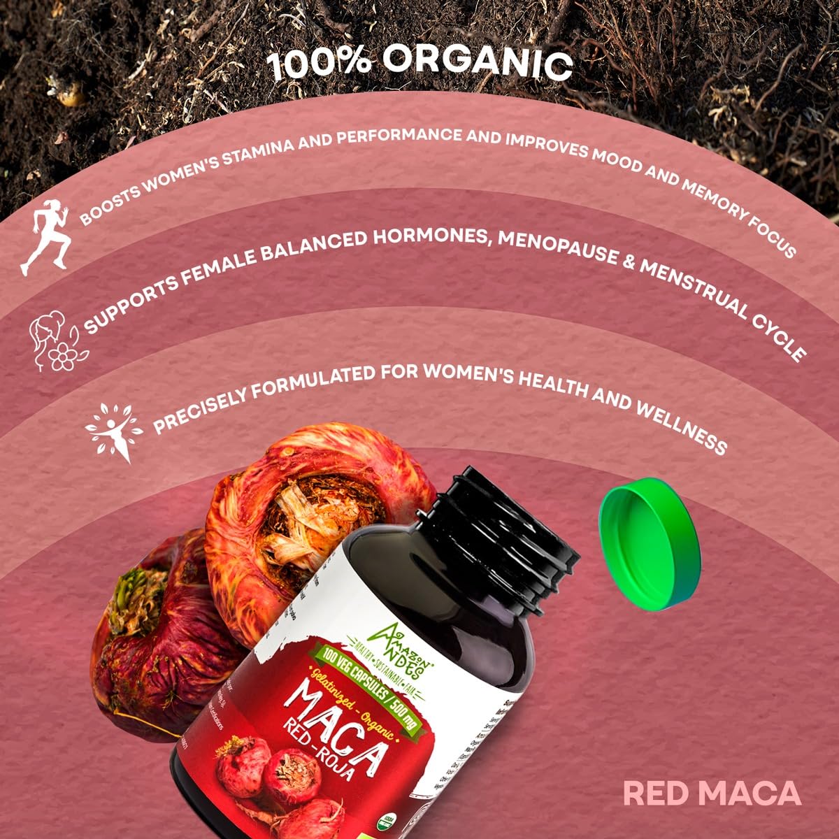 Amazon Andes Red maca Root Capsules - Female Health Supplement - Natural Energizer - USDA NOP Certified - Genitalized, Non GMO & Gluten Free - 100 Vegan Pills (1500mg per Serving) - Made in Peru - Medaid International