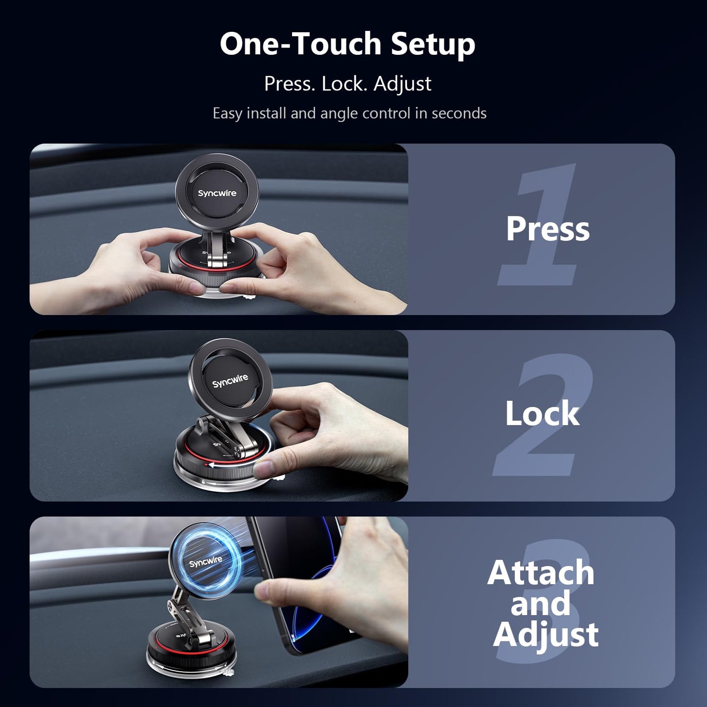 SYNCWIRE for MagSafe Car Mount [3-Axis Design] Strong Suction Cup Magnetic Phone Holder, 360° Rotation, Compatible with iPhone 17 Pro Max 16 15 14 13 12, Samsung, Matte Black - Medaid International