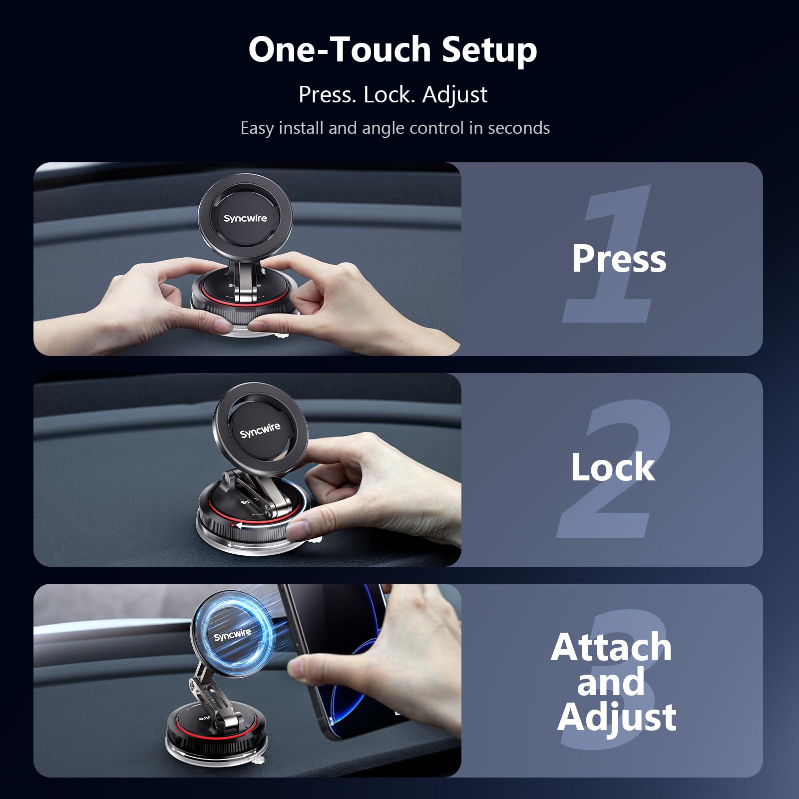 SYNCWIRE for MagSafe Car Mount [3-Axis Design] Strong Suction Cup Magnetic Phone Holder, 360° Rotation, Compatible with iPhone 17 Pro Max 16 15 14 13 12, Samsung, Matte Black - Medaid International